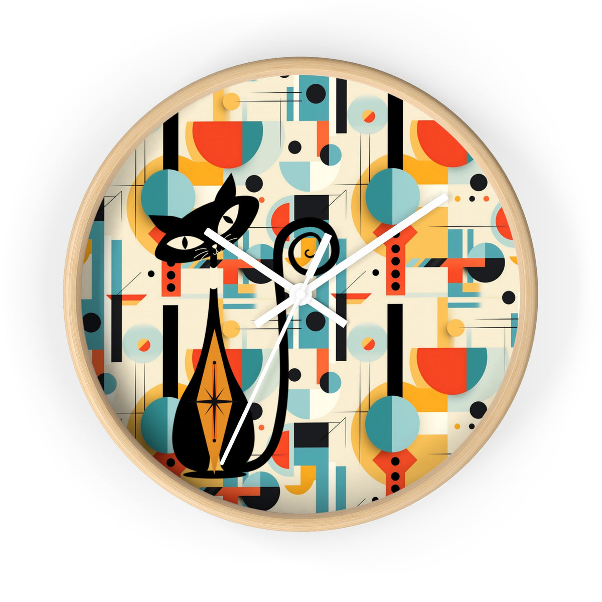 Atomic Cat Wall Clock, Bauhaus Designed Mid Century Modern Style Clock, MCM House Decor, Retro Style Cat Theme Clock - Mid Century Modern Gal