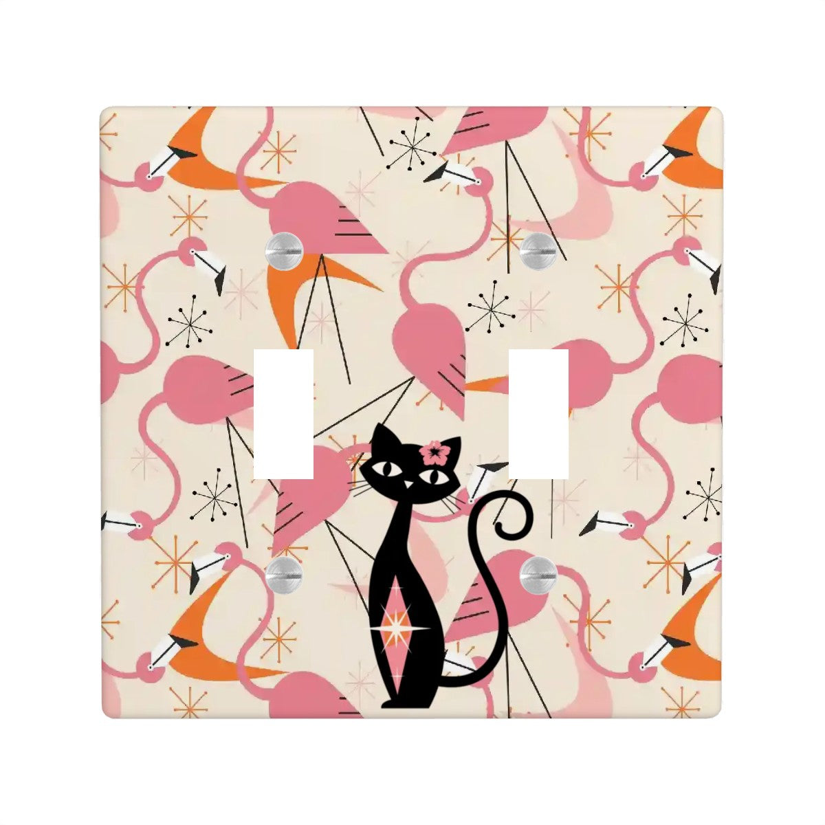 Flamingo And Atomic Cat Mid Mod Kitschy Pink Orange Retro Switch Cover 2-Gang 2 Toggle - Mid Century Modern Gal