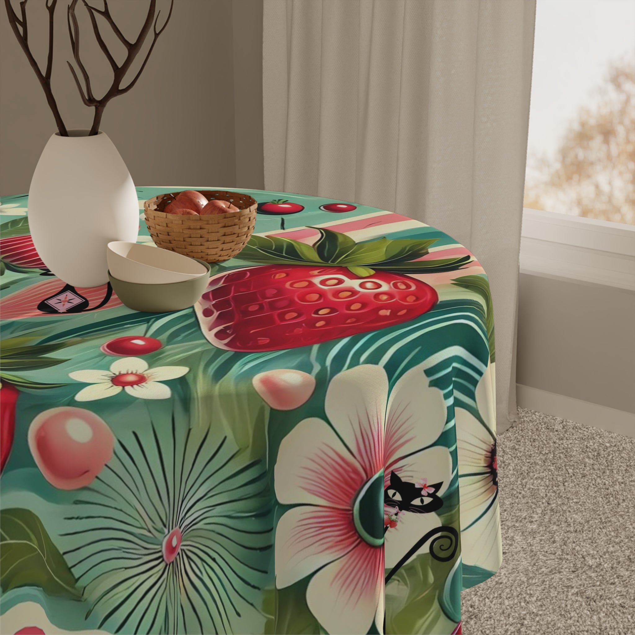 Atomic Cat, Vintage Cat and Strawberry Tablecloth - Perfect for Summer Gatherings & Celebrations - Mid Century Modern Gal