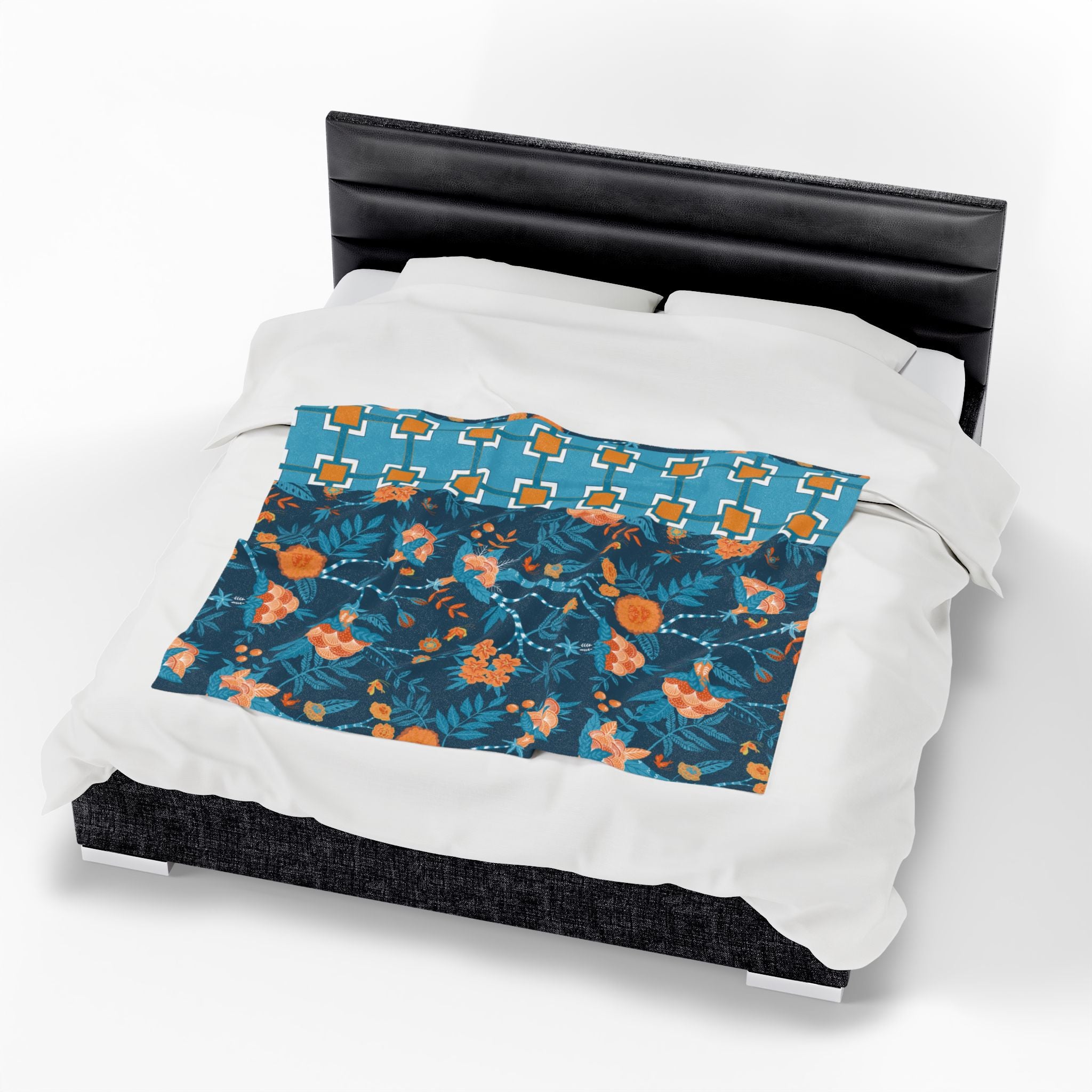 Chinoiserie Throw Blanket Blue, Orange Tropical Floral Velveteen Plush Blanket - Cozy Home Decor for All Seasons - Mid Century Modern Gal