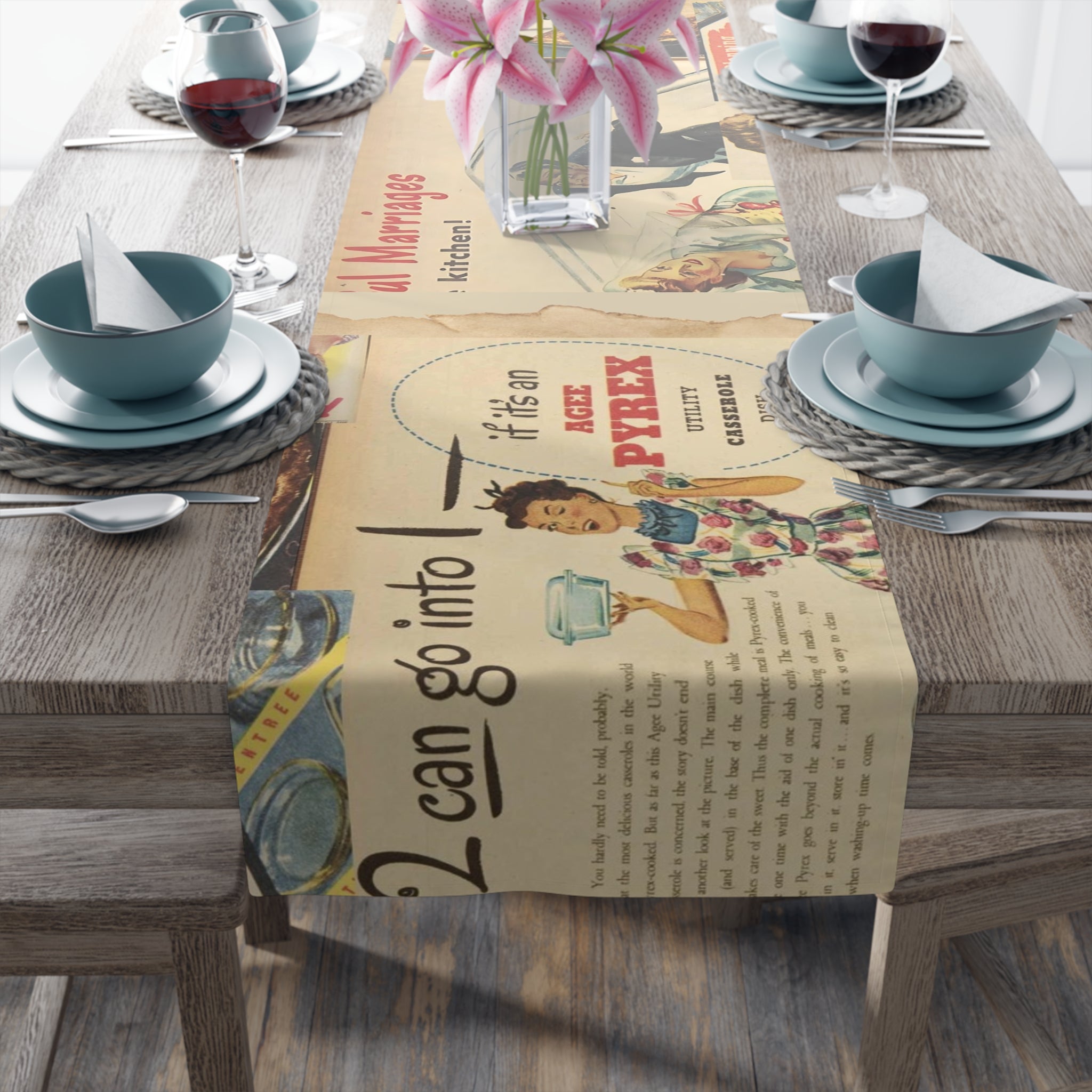 Vintage Pyrex Kitchen Ads, Mod Kitschy 50s Table Runner - Mid Century Modern Gal