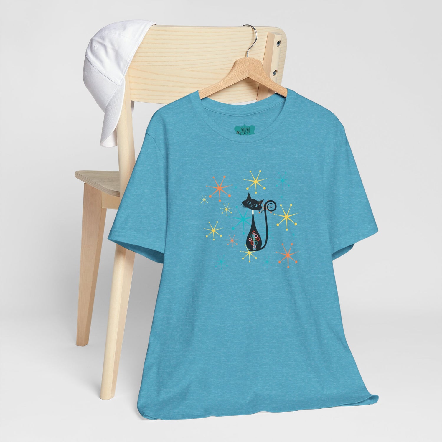 Atomic Cat Mid Century Modern Starburst Whimsical Cat Short Sleeve Tee - Colorful Star Design - Mid Century Modern Gal