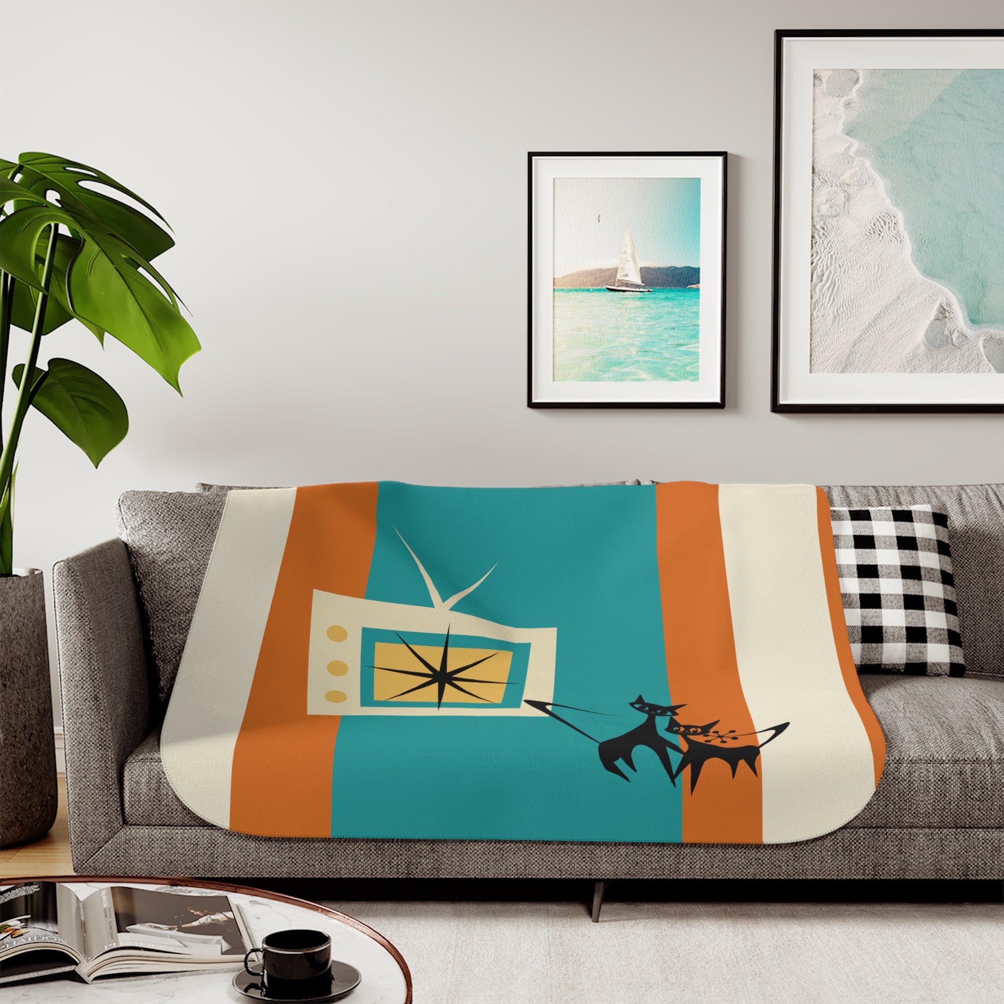 Atomic Kittie Cats, Mid Century Modern Teal, Orange Retro Cozy Cat-Themed Sherpa Blanket - Mid Century Modern Gal