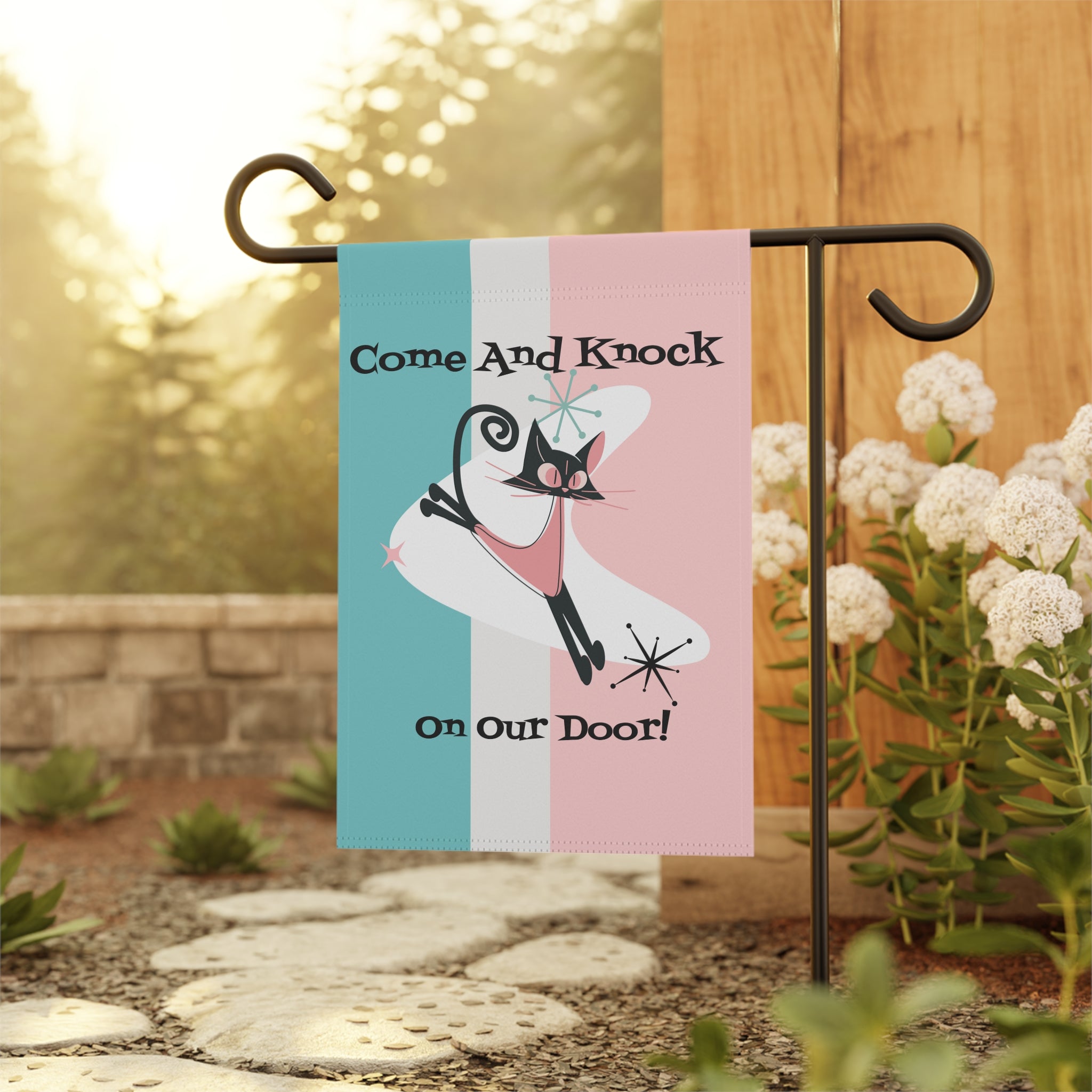 Atomic Cat, Funny Garden & House Banner, Atomic Kittie Cat MCM Style - Mid Century Modern Gal
