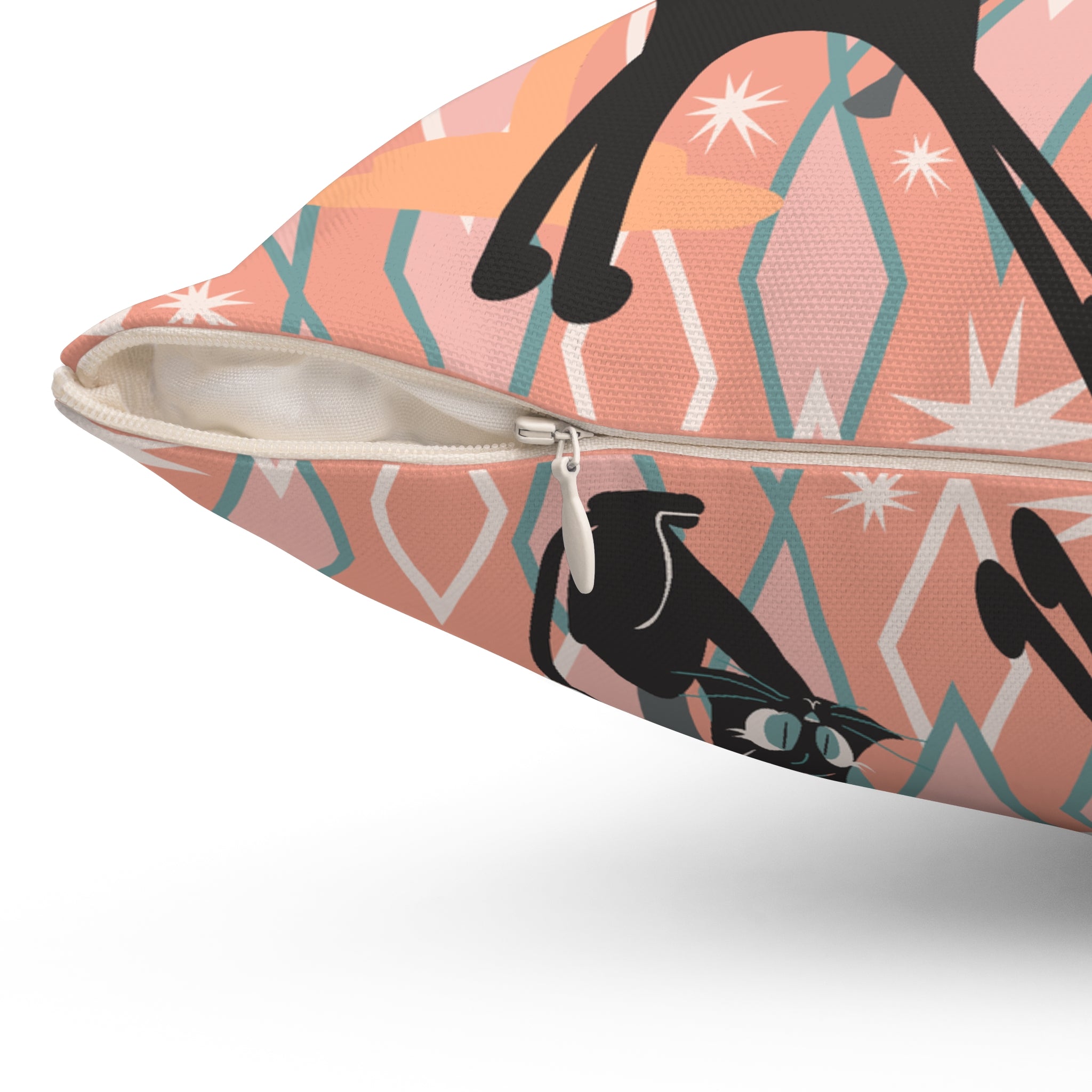 Atomic Cat Pillow, Retro TV, Kitschy Fun, Whimsical Quirky 50s Mid Century Modern Pillow And Insert, Coral Pink, Teal, Creamy Beige - Mid Century Modern Gal