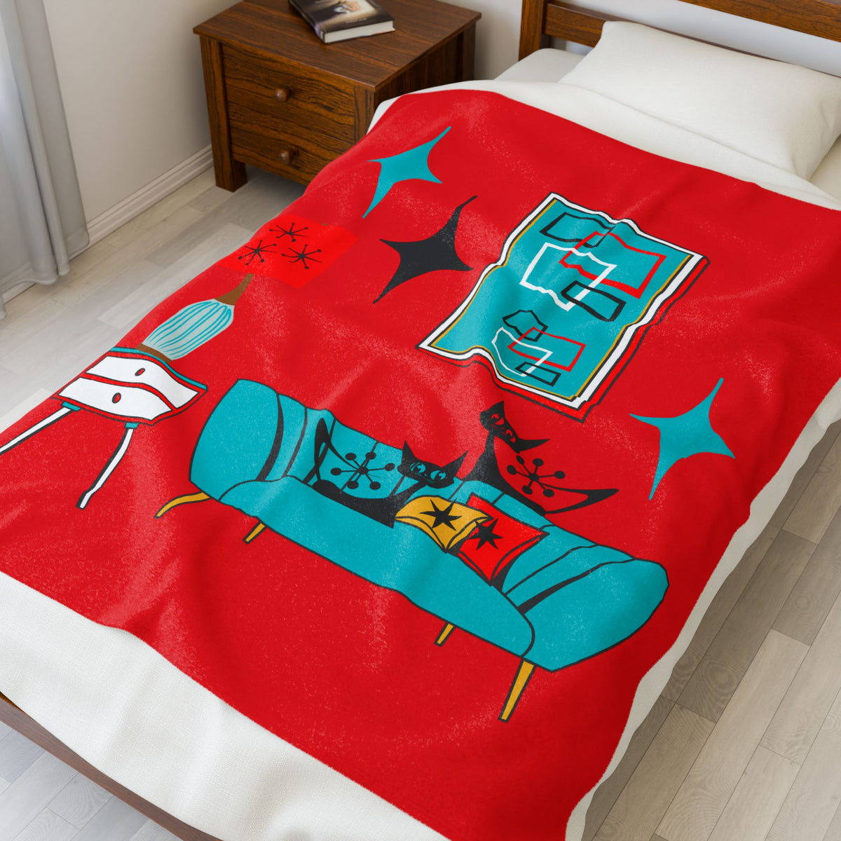 Atomic Cat Art, Cozy Mid Century Modern, Retro Red, Aqua Blue, Teal, Starburst, Black Cat Lover Sherpa Blanket - Mid Century Modern Gal