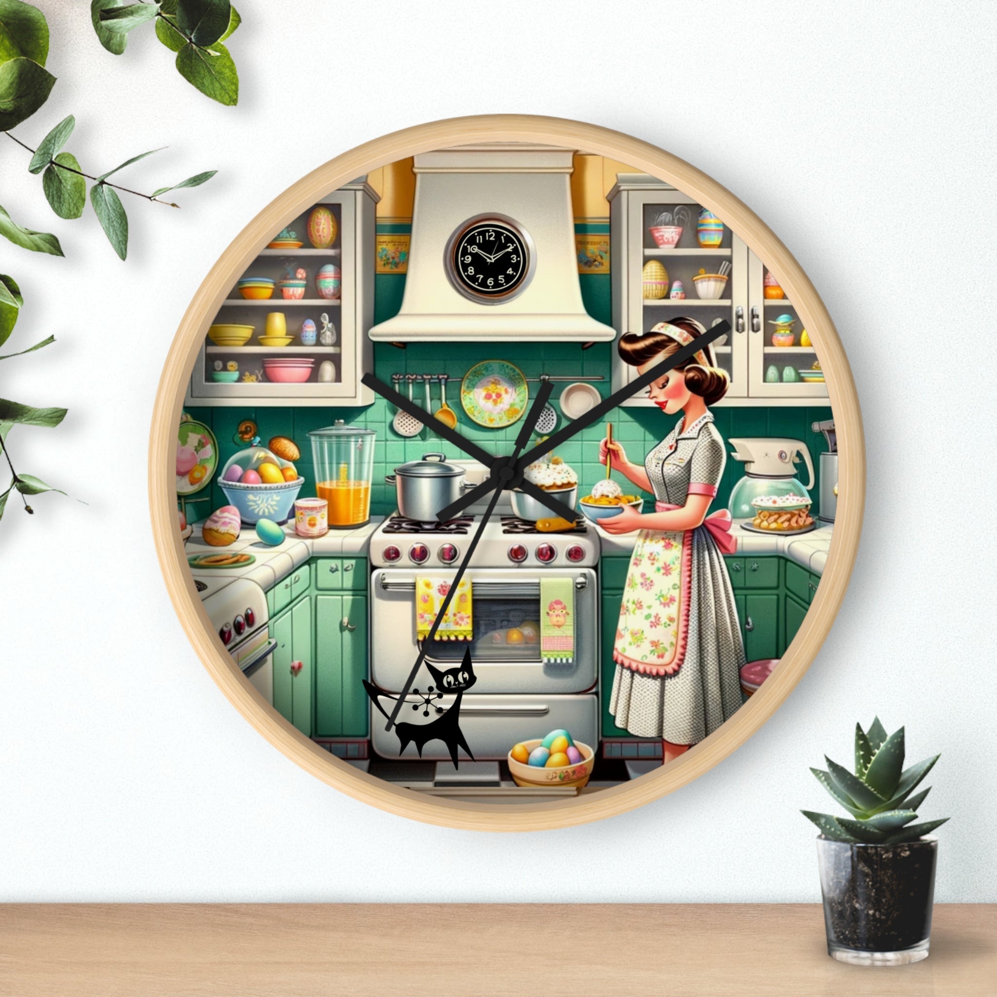 Vintage Kitschy Designed Mid Mod Gal Atomic Cat, Spring Wall Clock with Retro Cooking Design - Mid Century Modern Gal
