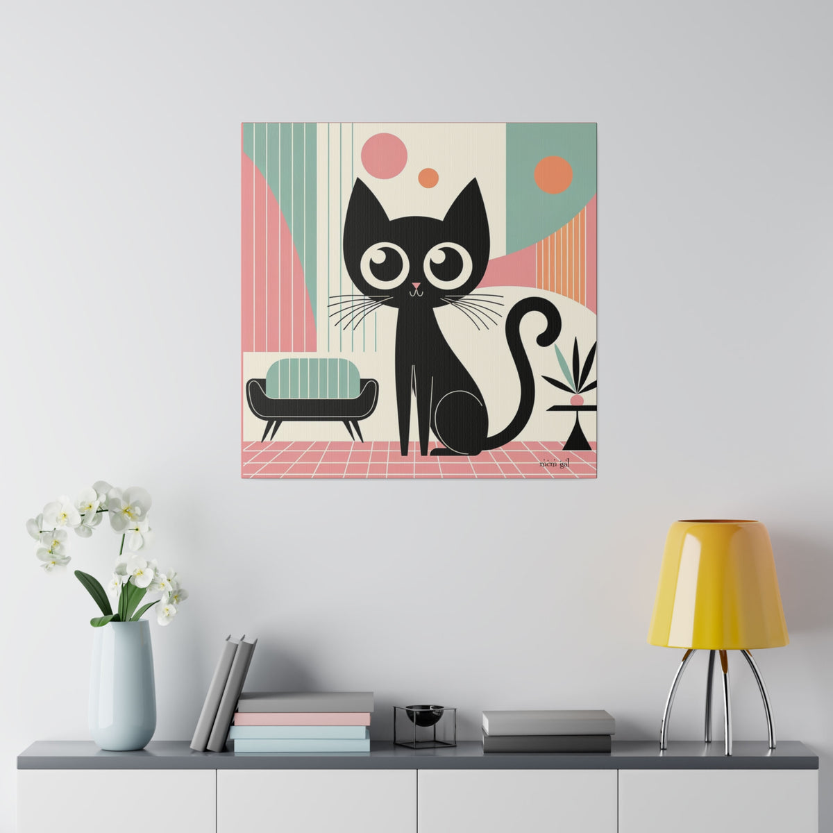 Mid Century Modern Atomic Kitty Cat, Pink, Kitschy Mod Matte Canvas - Mid Century Modern Gal