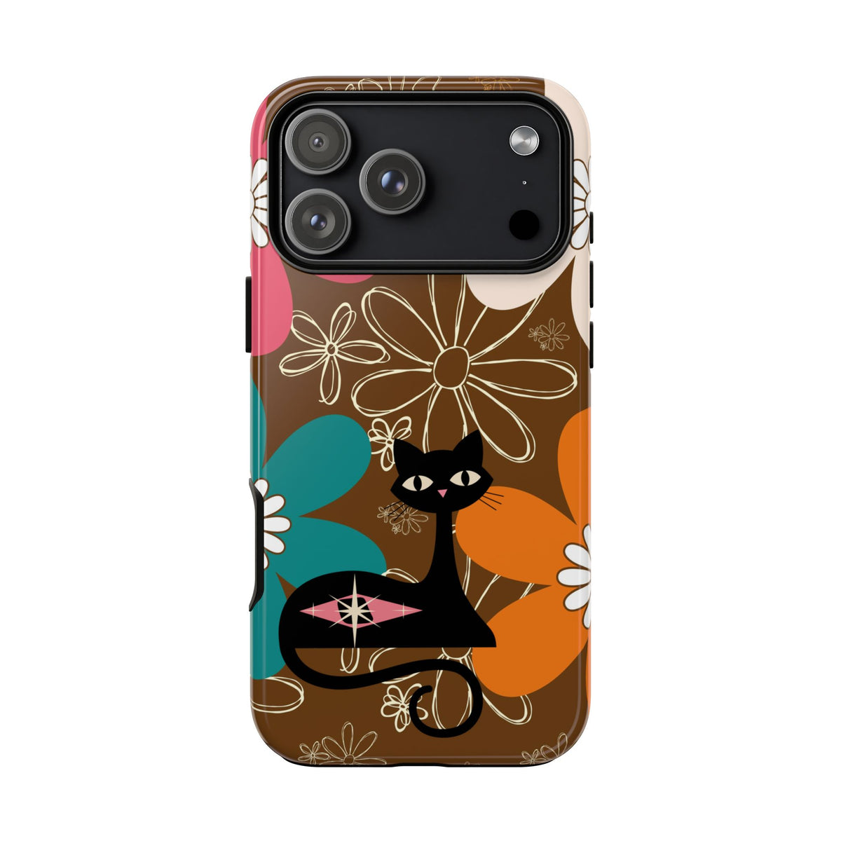 Atomic Cat Retro 70s Vibe Flower Power Tough Cases: Cute Floral and Cat Phone Case for Cat Lovers - Mid Century Modern Gal