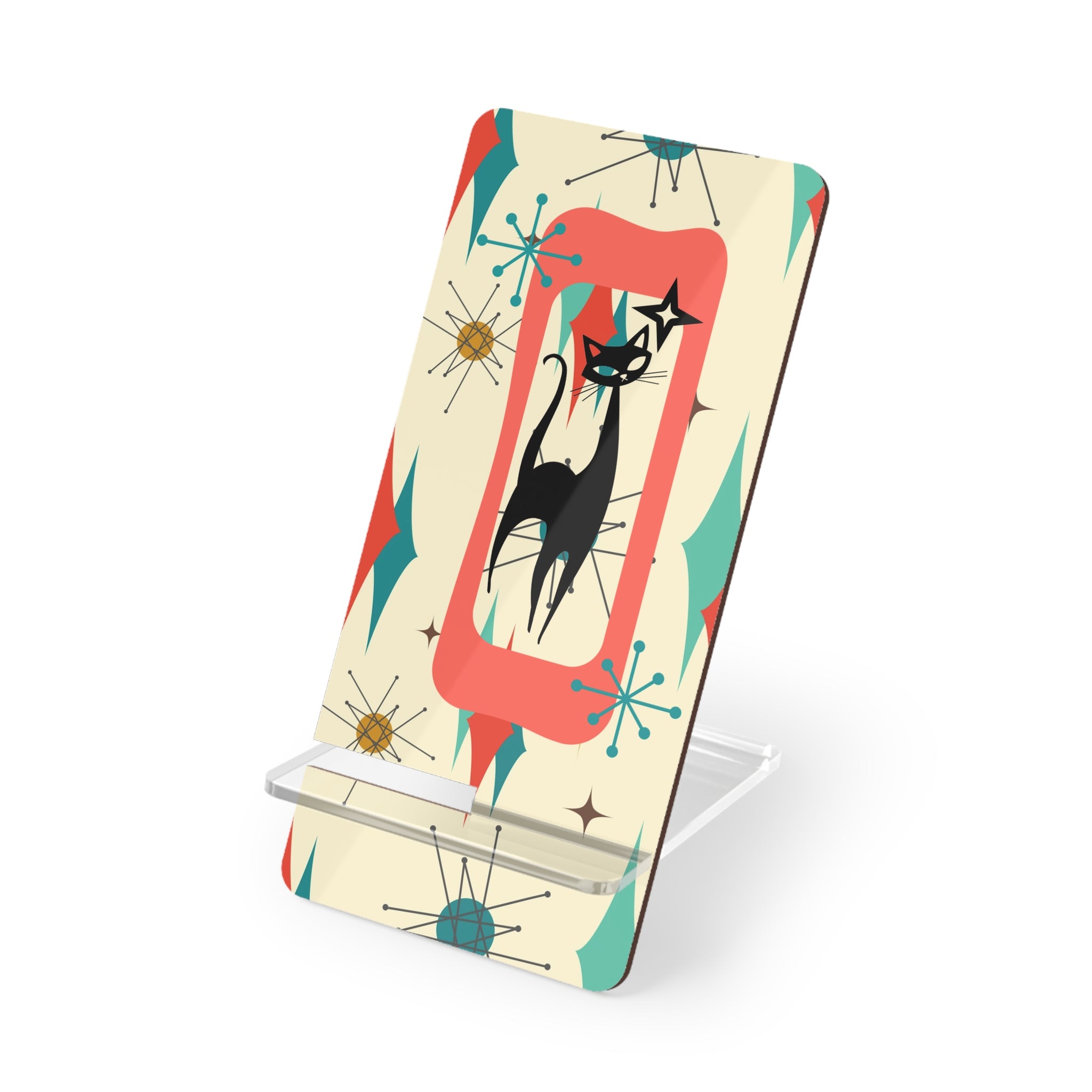 Atomic Cat Franciscan Starburst Retro Cat Mobile Display Stand – Chic Smartphone Holder with Vintage Design - Mid Century Modern Gal
