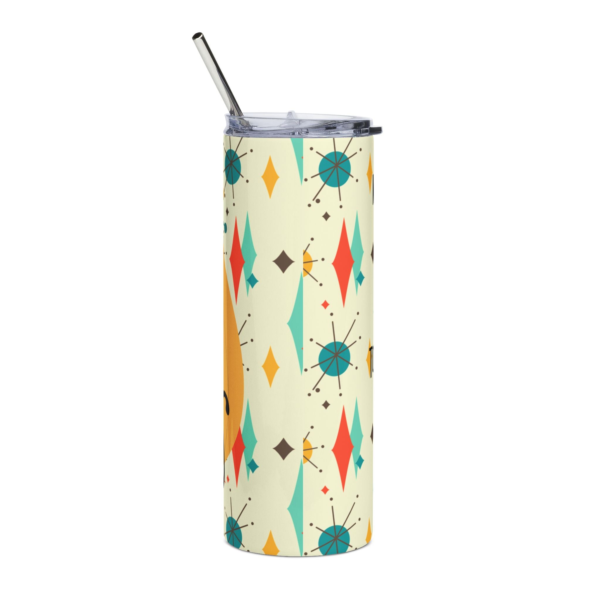 Franciscan Starburst Atomic Cat Design, Funny, Kitschy Mid Century Modern Skinny Tumbler with Straw, 20oz - Mid Century Modern Gal
