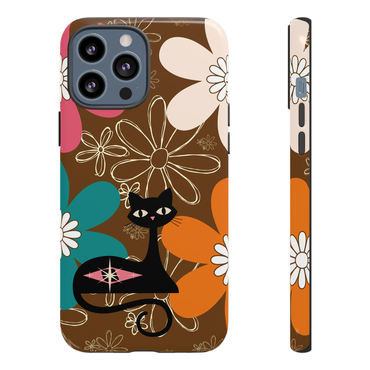 Atomic Cat Retro 70s Vibe Flower Power Tough Cases: Cute Floral and Cat Phone Case for Cat Lovers