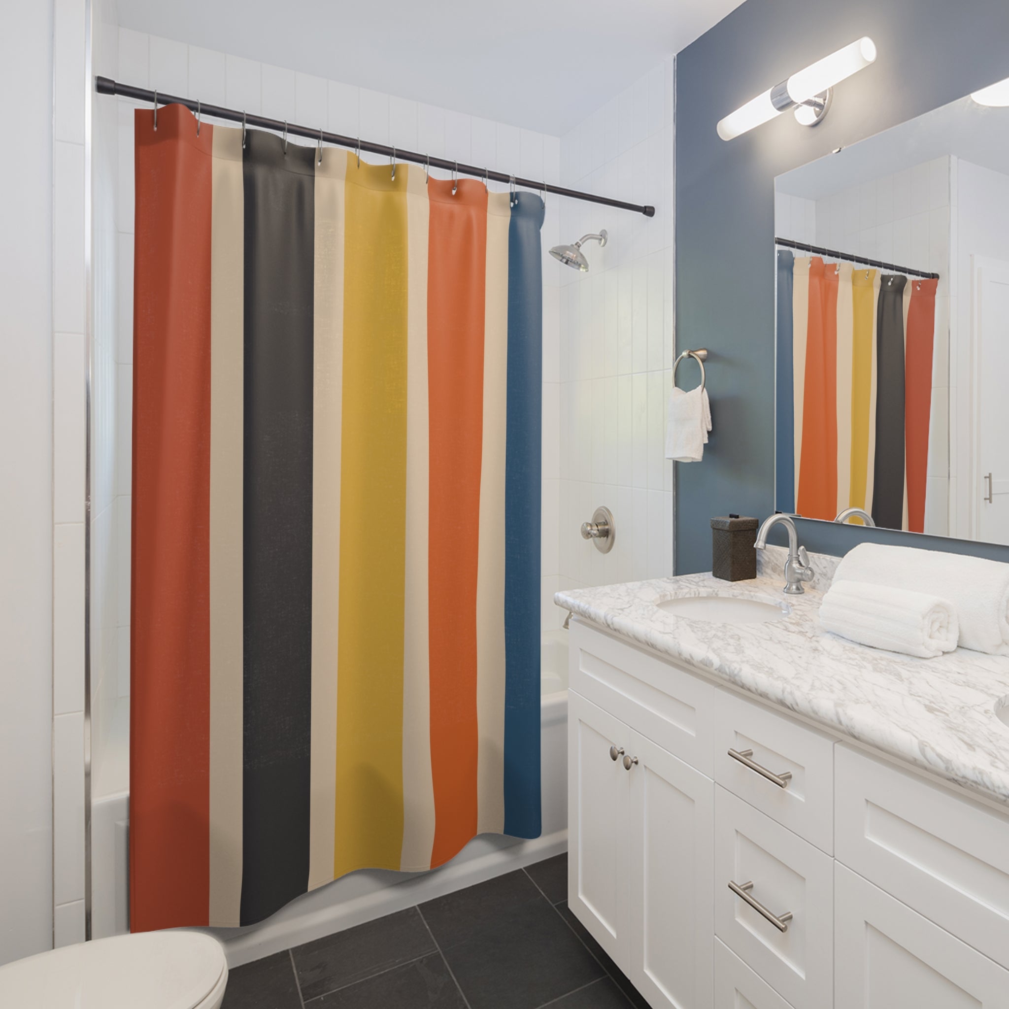 Retro Mid Mod Scandinvain Clean Lined Shower Curtain Striped Bathroom Decor, Modern Home Vibrant Pattern - Mid Century Modern Gal