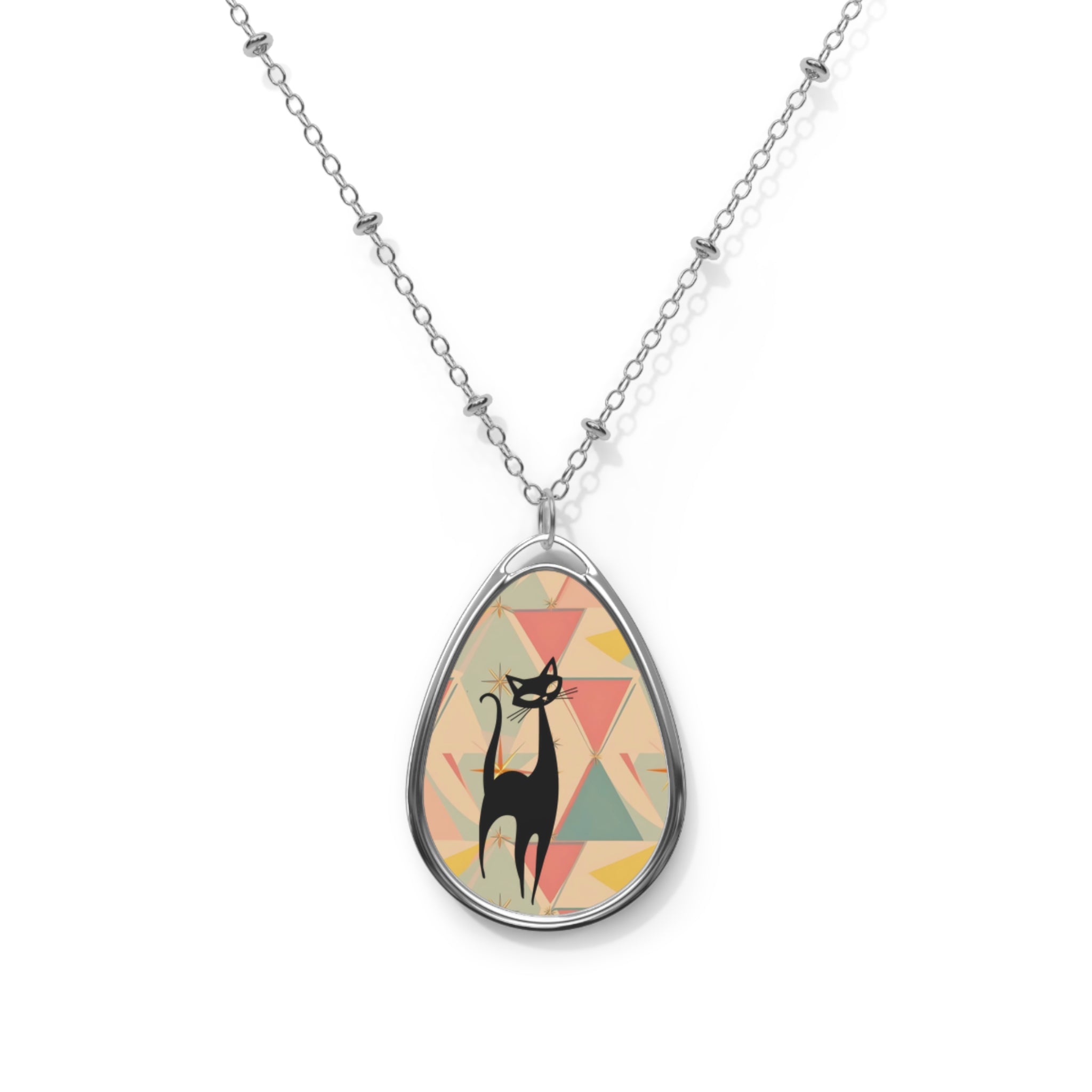 Atomic Cat Starburst Geometric Cat Oval Necklace - Stylish Mod-Inspired Jewelry - Mid Century Modern Gal