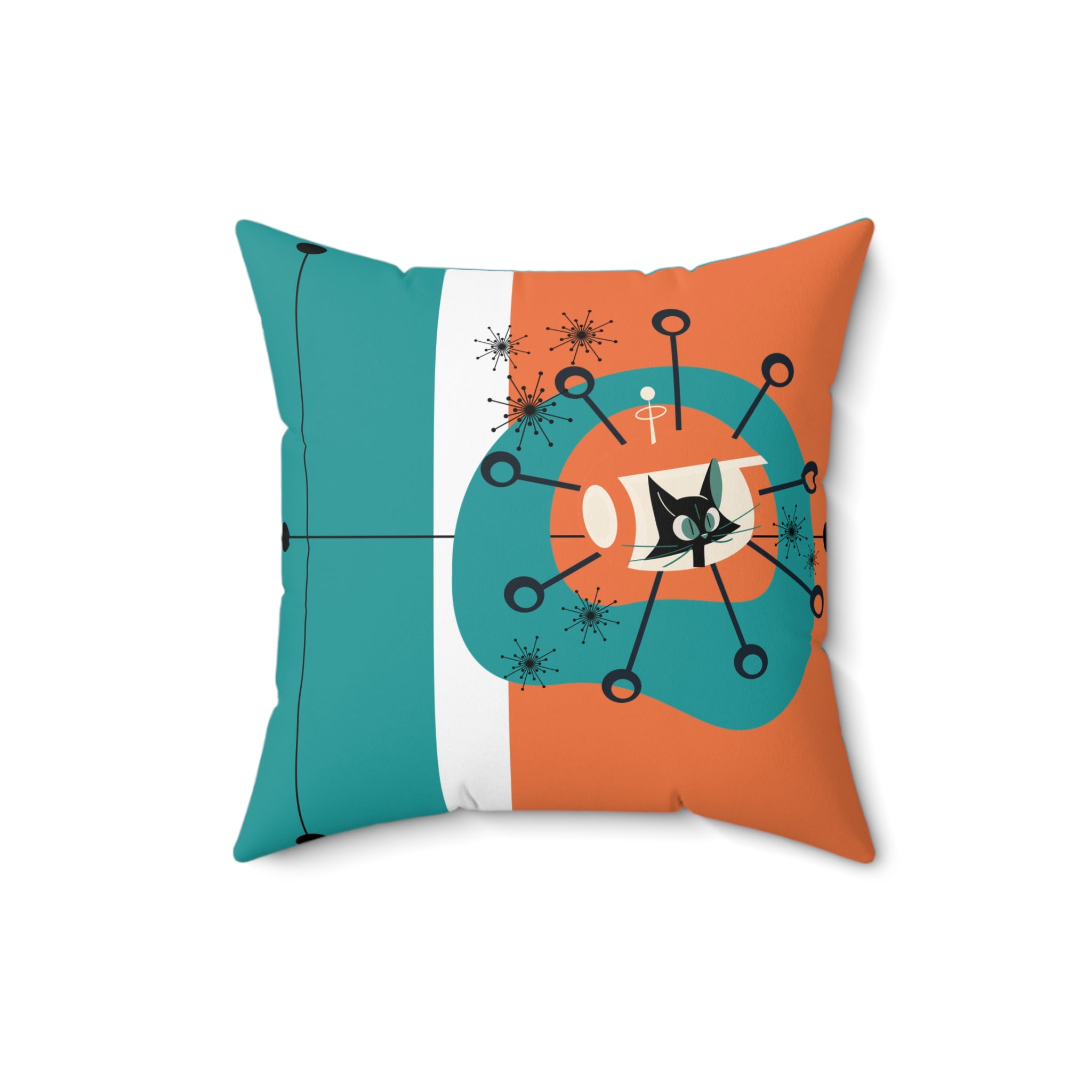 Atomic Space Kittie, Mid Century Modern Orange, Teal, White, Linear Lines, MCM Pillow And Cover - Mid Century Modern Gal