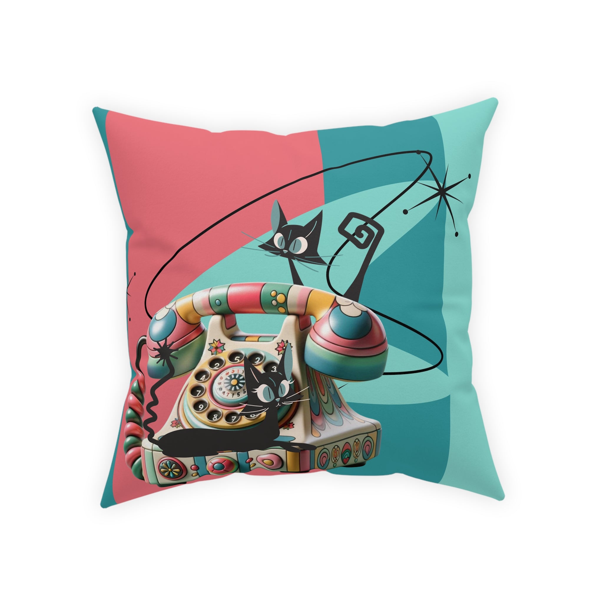 Atomic Cat Quirky Retro Rotary Phone, Kitschy Mid Mod, Pink, Aqua, Teal Broadcloth Pillow - Mid Century Modern Gal