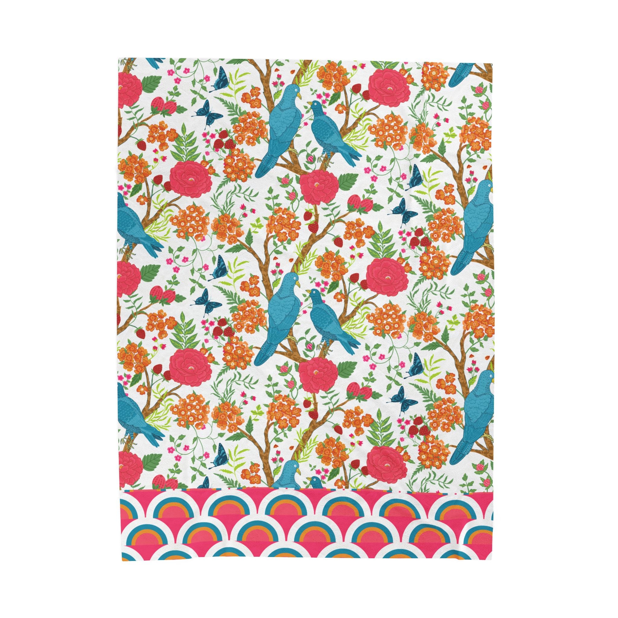 Chinoiserie Throw Blanket, Blue Pink, Birds Tropical Floral Velveteen Plush Blanket - Cozy Decor for Home - Mid Century Modern Gal