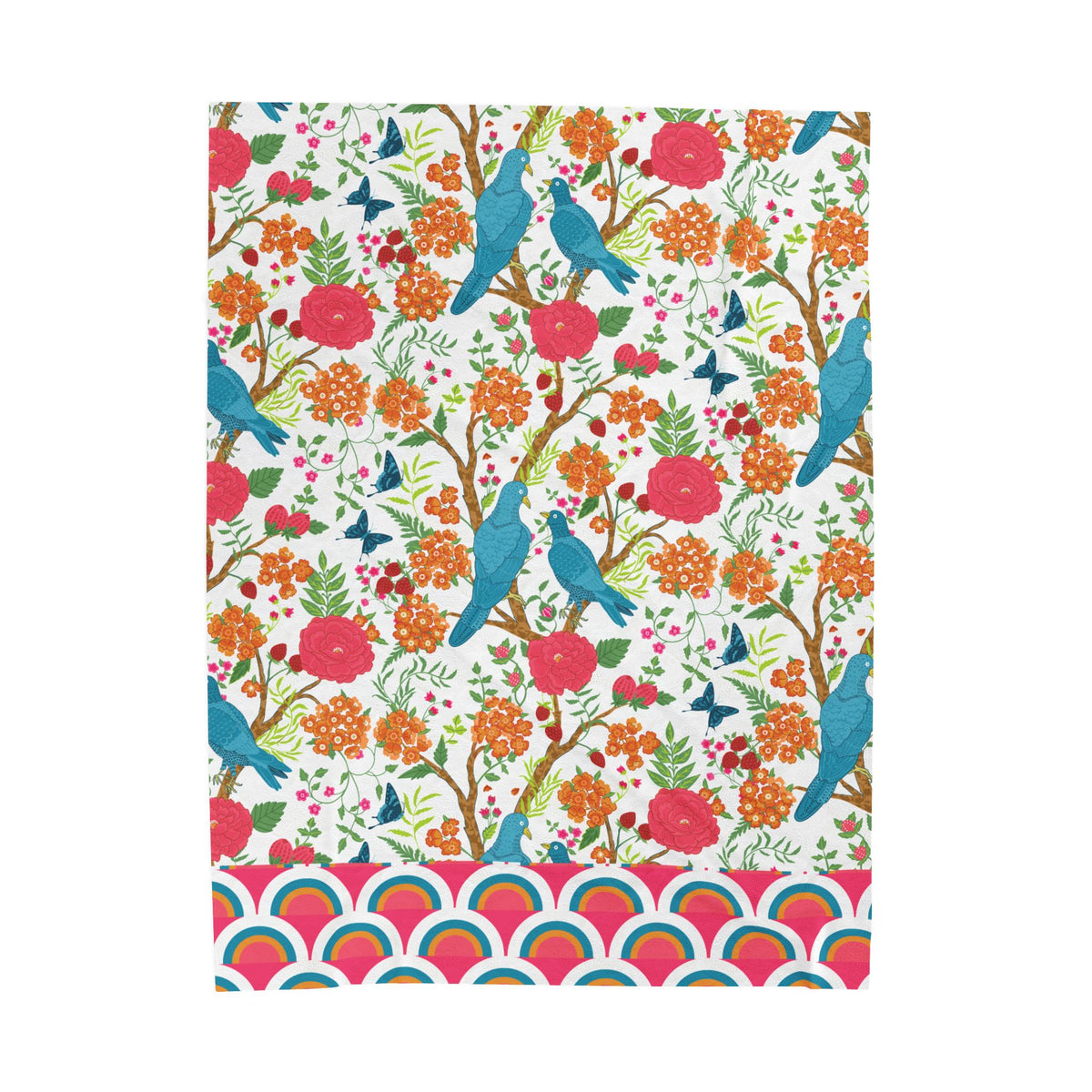Chinoiserie Throw Blanket, Blue Pink, Birds Tropical Floral Velveteen Plush Blanket - Cozy Decor for Home - Mid Century Modern Gal