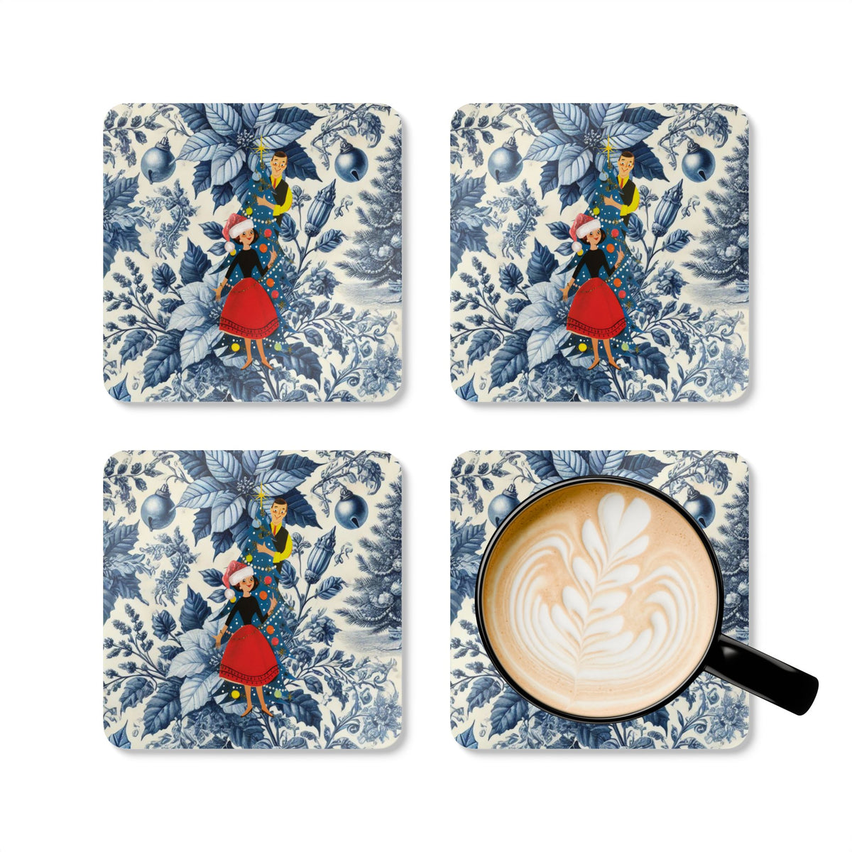Christmas Blue Toile, Kitschy 50s Holiday Corkwood Coaster Set - Mid Century Modern Gal