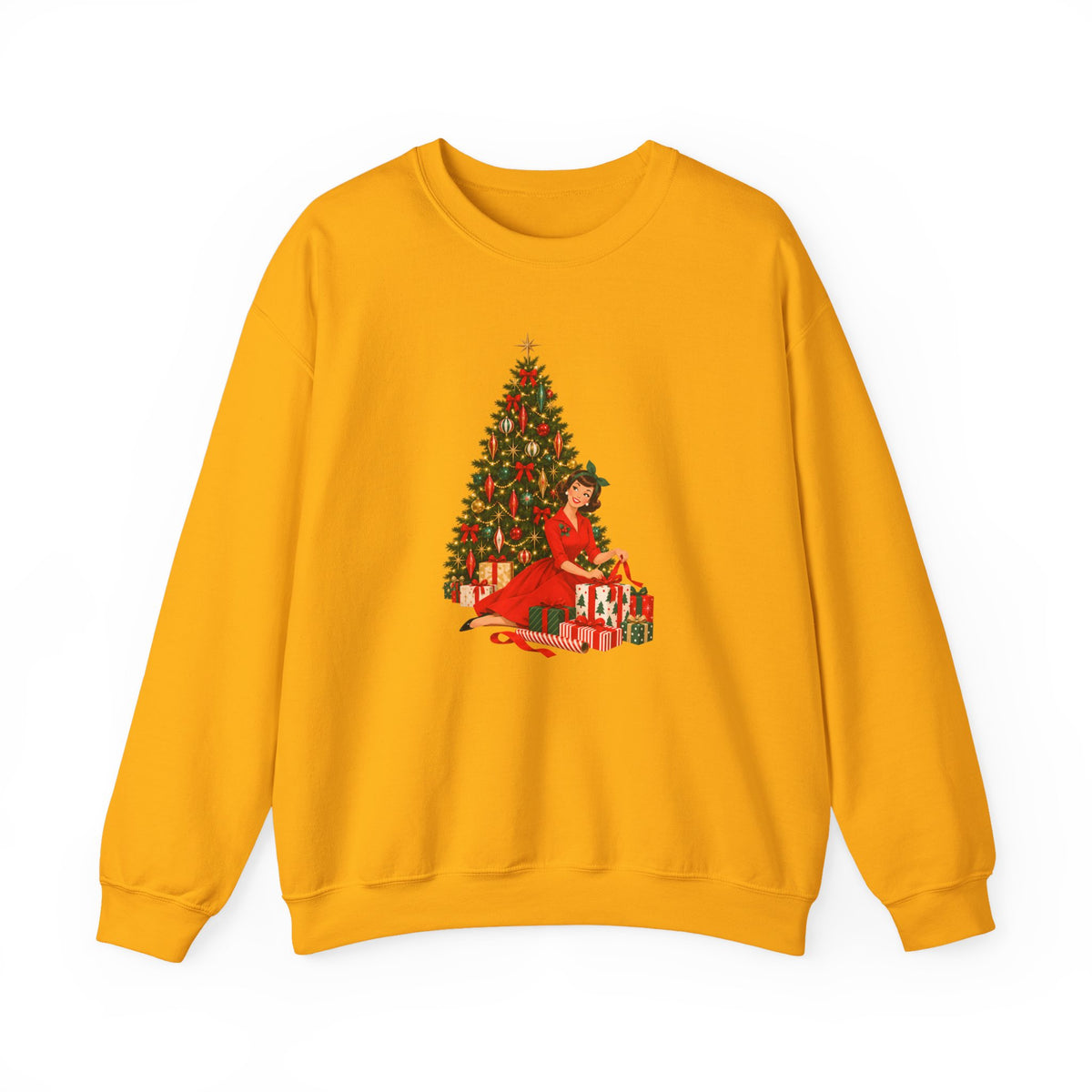 Mid Century Modern Christmas Glamour Gal Wrapping Presents by Tree Unisex Heavy Blend™ Crewneck Sweatshirt - Mid Century Modern Gal