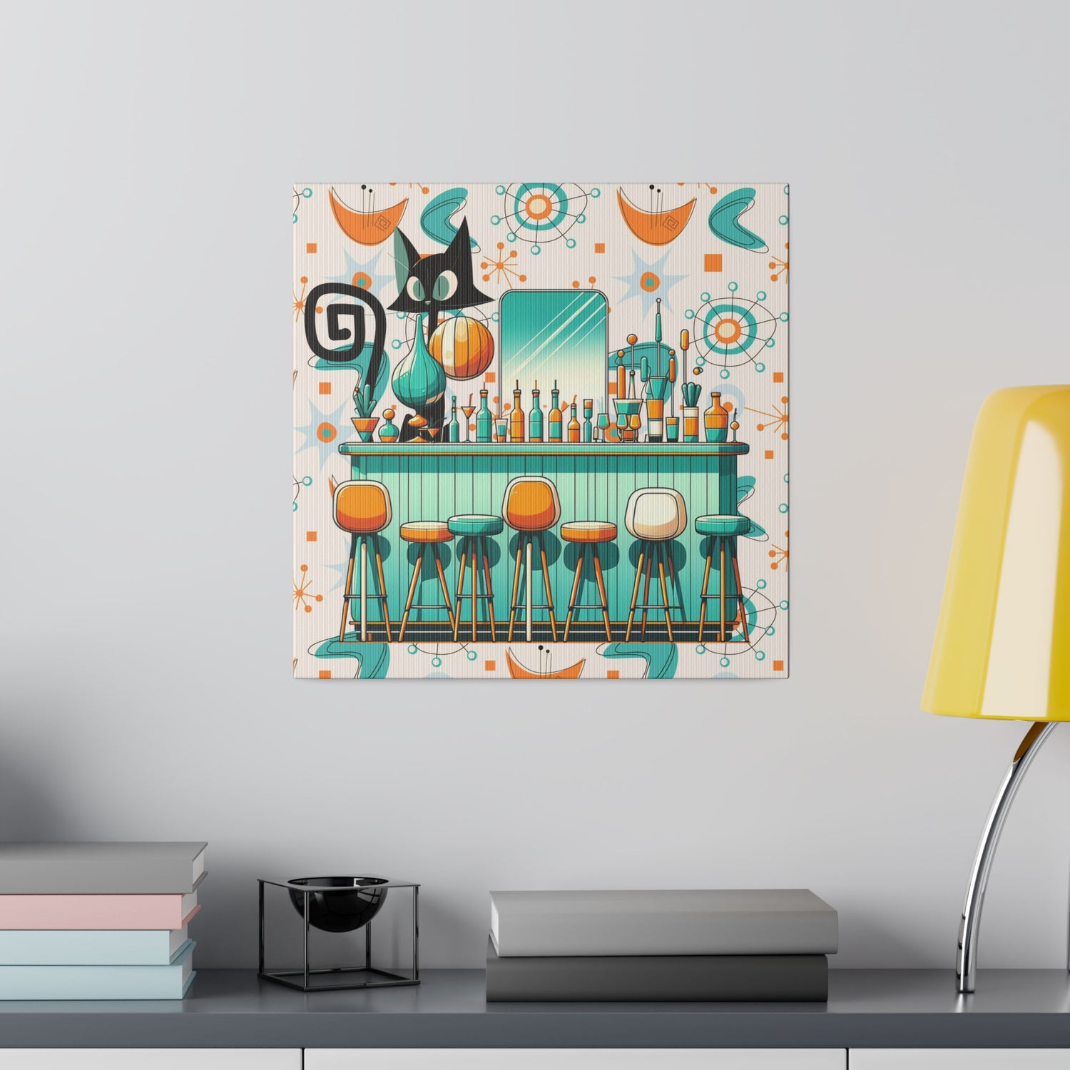 Atomic Cat, Mid Century Modern Kitschy Bar, Orange, Teal Mid Century Modern Wall Art - Mid Century Modern Gal