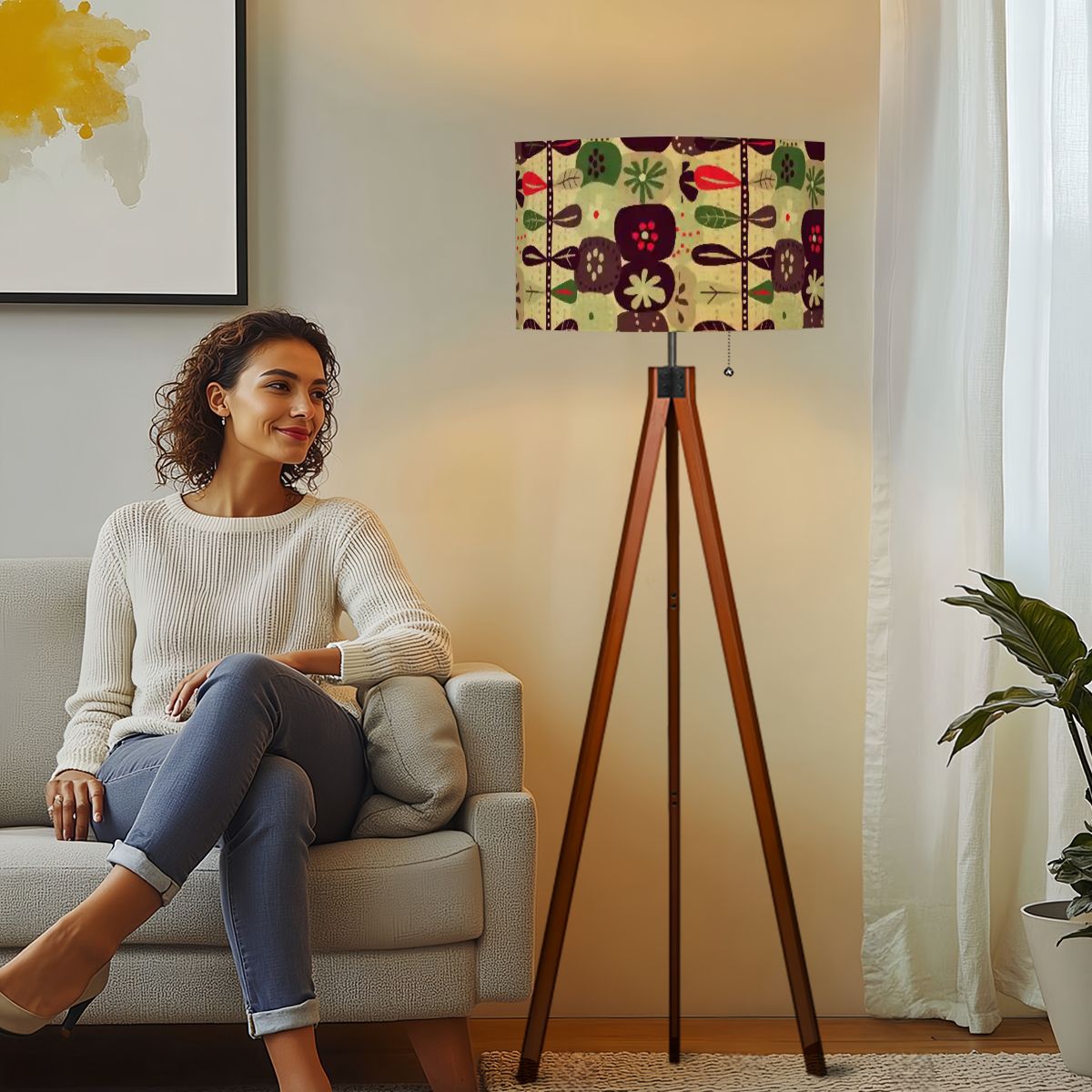 Retro Scandinavian Boho Floral Designed, Modern Danish Borwn, Green MCM Tripod Floor - Mid Century Modern Gal