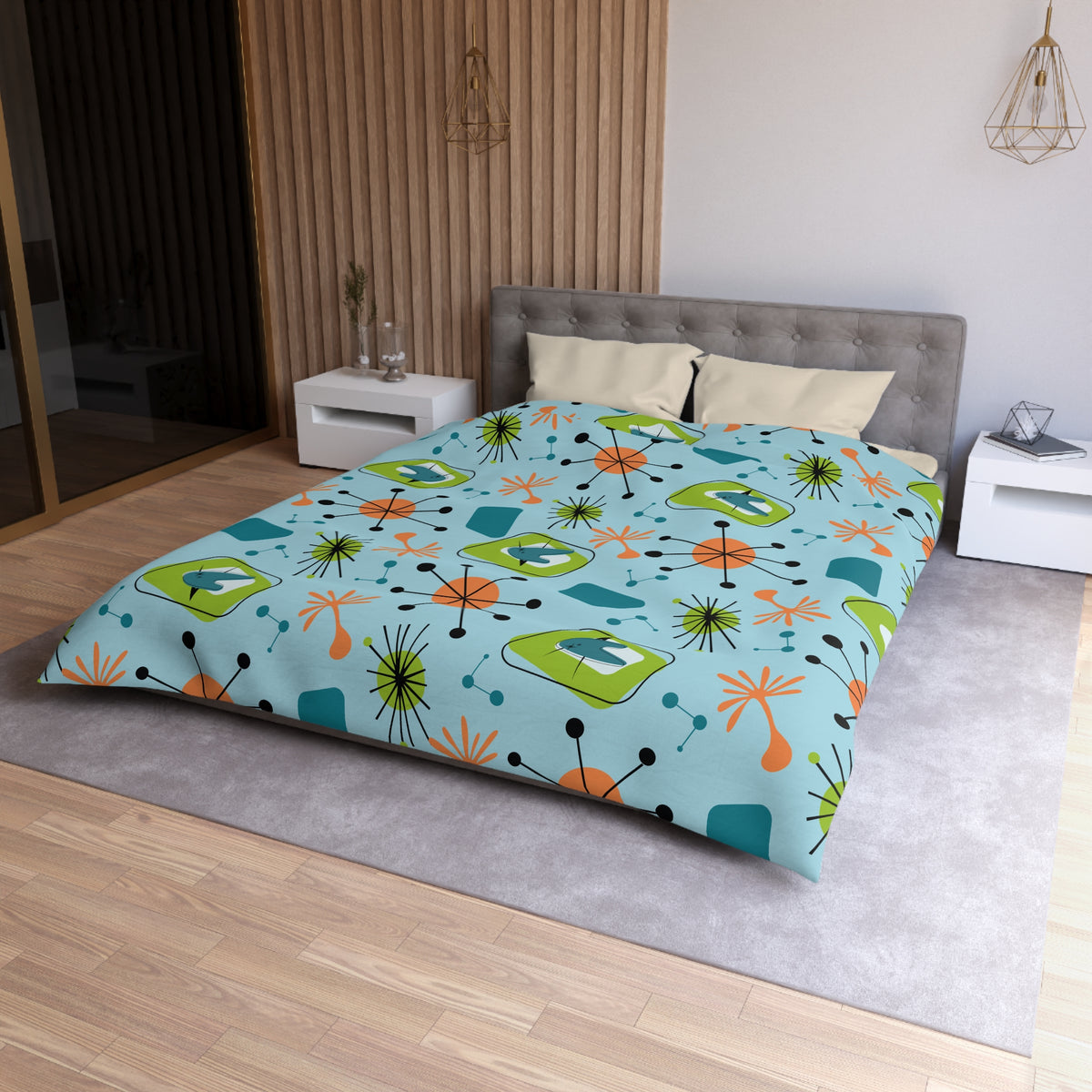 Mid Century Modern Duvet Cover, Atomic Starbursts Boomerangs, Orange, Blue, Green Duvet Cover - Mid Century Modern Gal