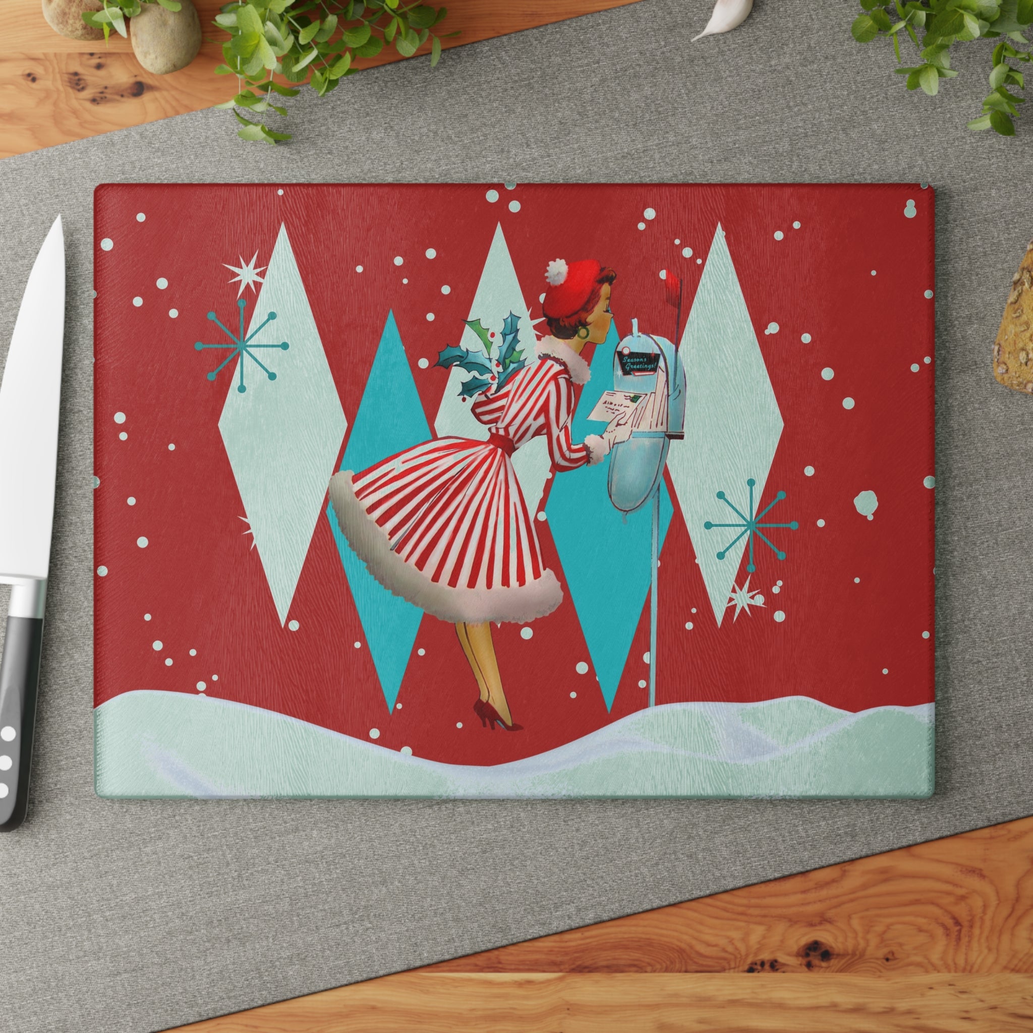 Retro Vintage Holiday Glass Cutting Cheese Board -Vintage Kitchen Decor, Christmas Gift, Home & Holiday Decor, Gourmet Cooking - Mid Century Modern Gal
