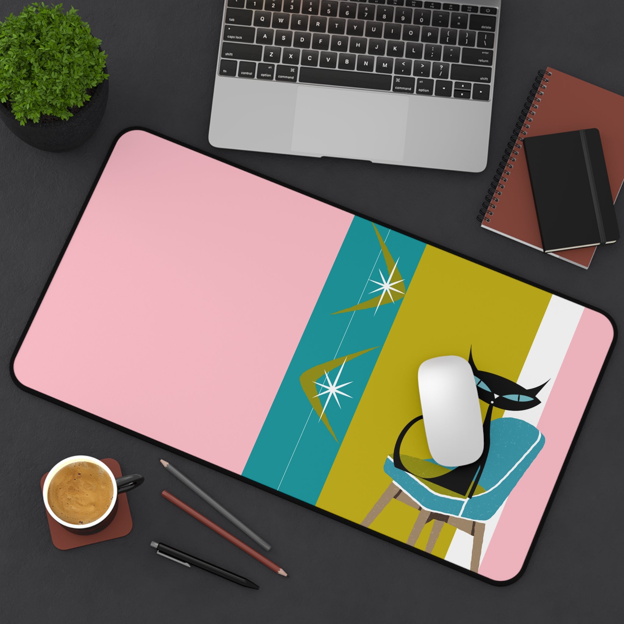 Atomic Cat Pink, Green, Teal Blue Retro Atomic Boomerang Desk Mat - Mid Century Modern Gal