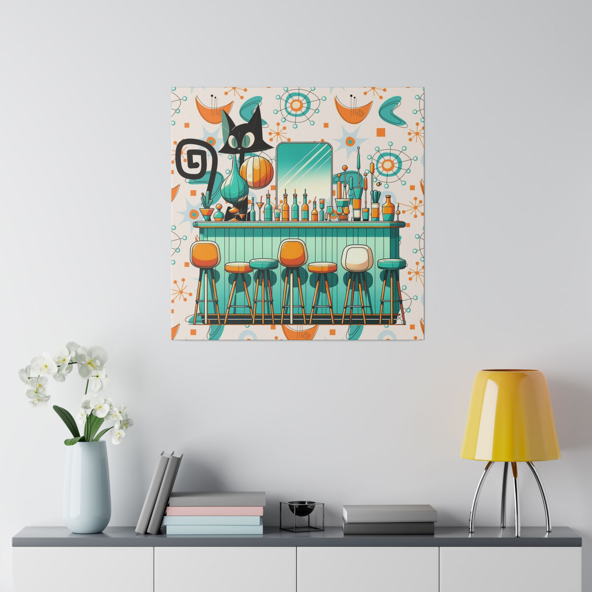 Atomic Cat, Mid Century Modern Kitschy Bar, Orange, Teal Mid Century Modern Wall Art - Mid Century Modern Gal