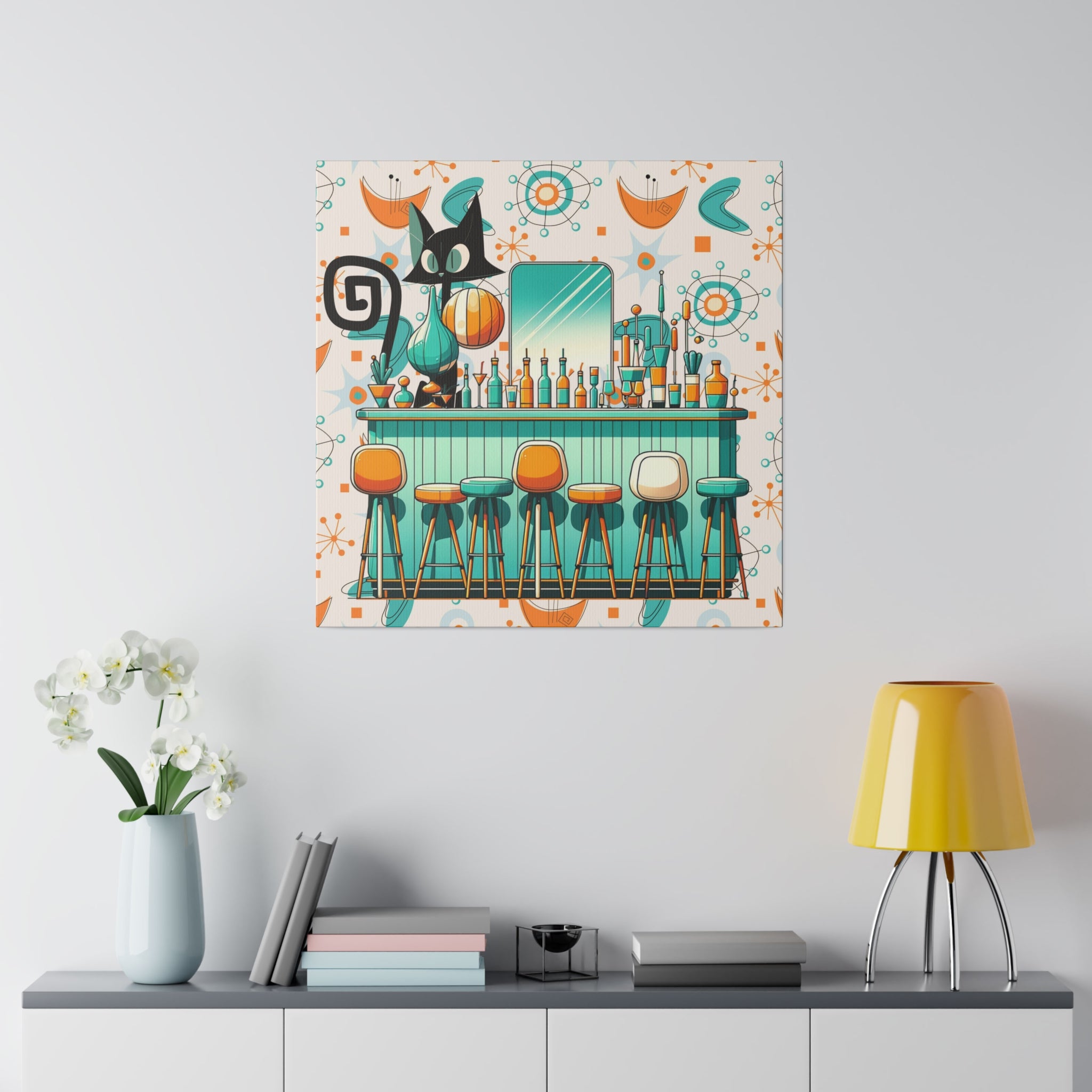 Atomic Cat, Mid Century Modern Kitschy Bar, Orange, Teal Mid Century Modern Wall Art - Mid Century Modern Gal