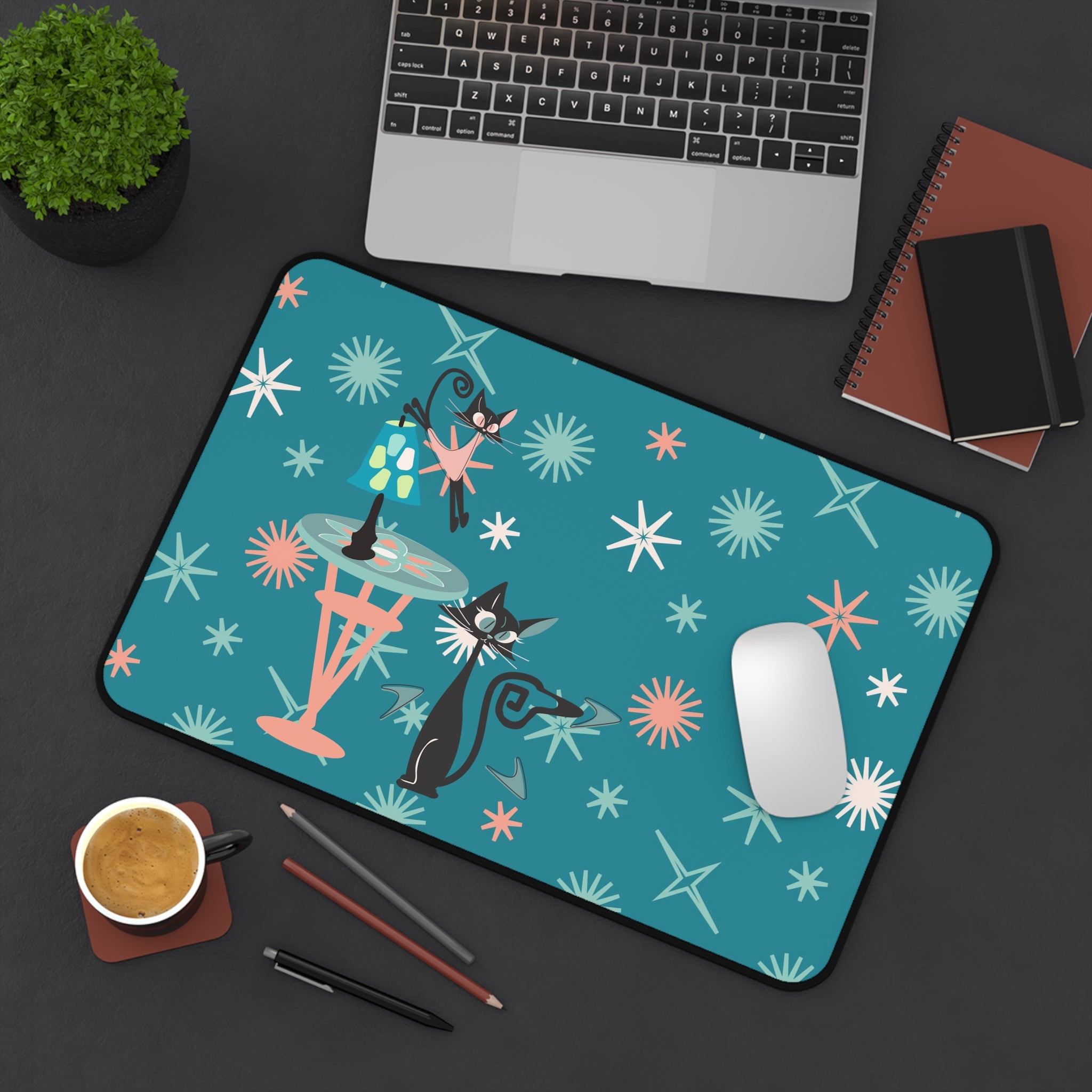 Atomic Cat Desk Mat, Kitschy Cute, Teal, Pink Starburst Mid Century Modern Office Decor - Mid Century Modern Gal