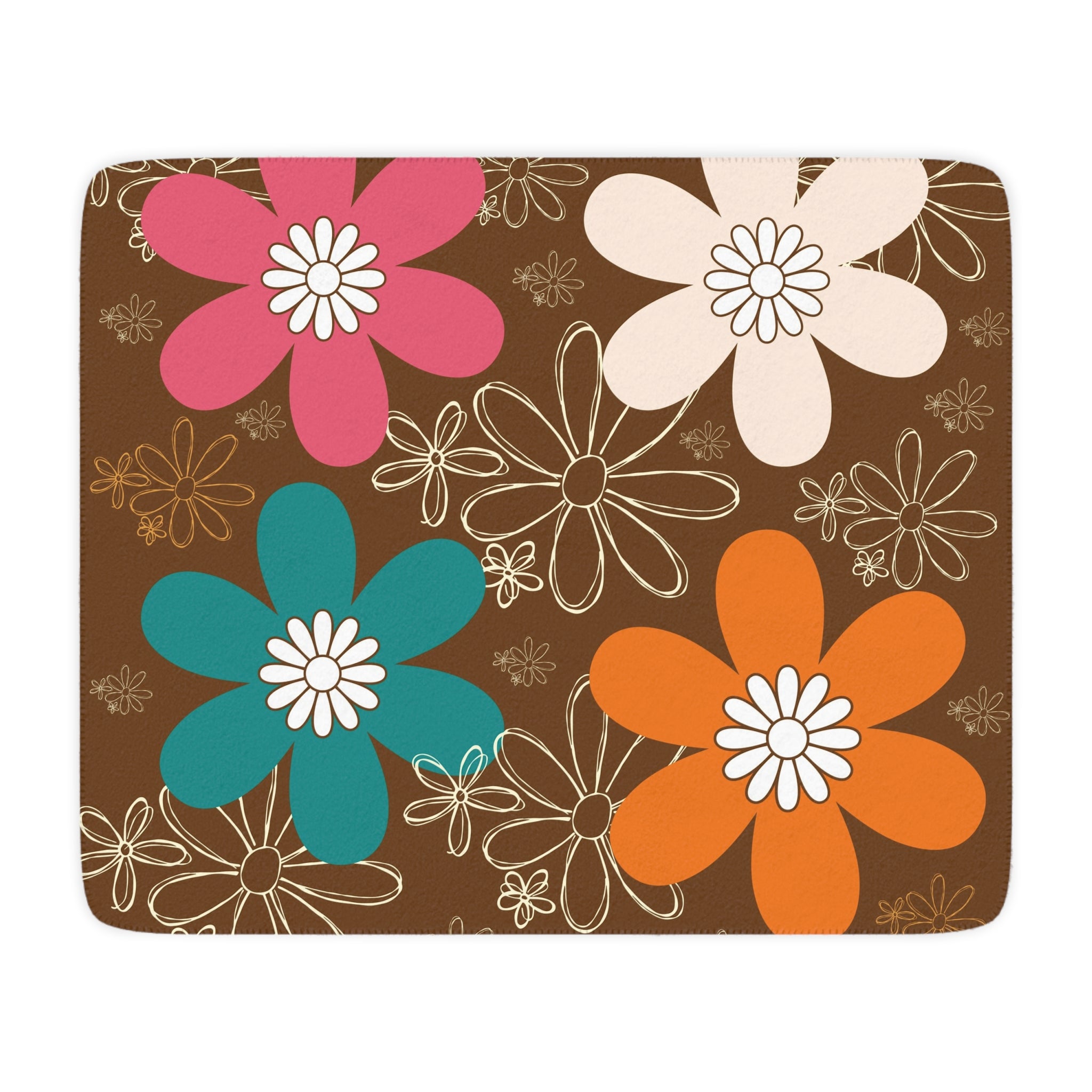 Retro Flower Power Brown, Orange Teal Pink Mid Mod Cozy Floral Tan Sherpa Blanket for Home & Gifts - Mid Century Modern Gal