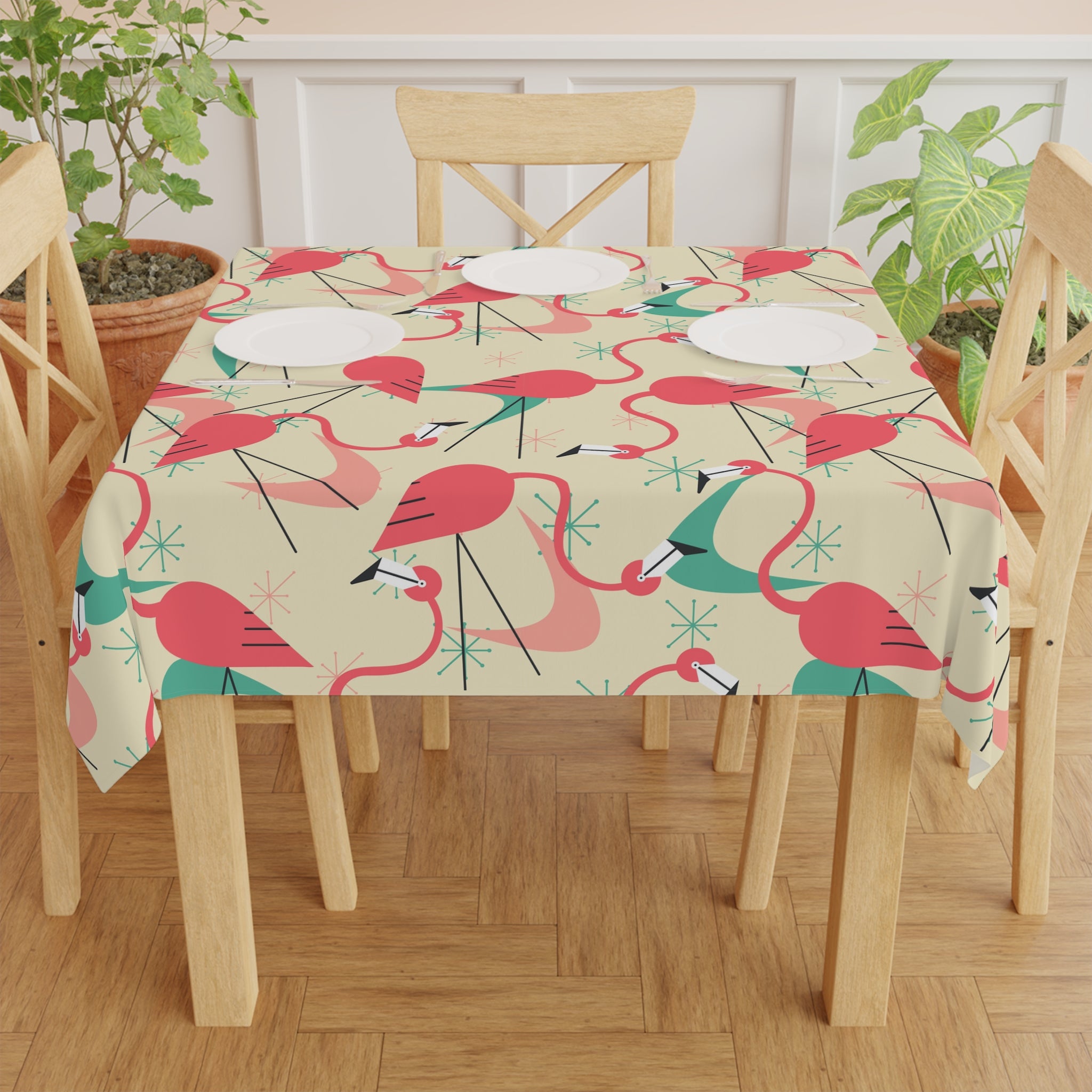 Mid Mod Retro Kitschy Palm Springs California Tropical Flamingo Tablecloth - Perfect for Summer Vibes - Mid Century Modern Gal