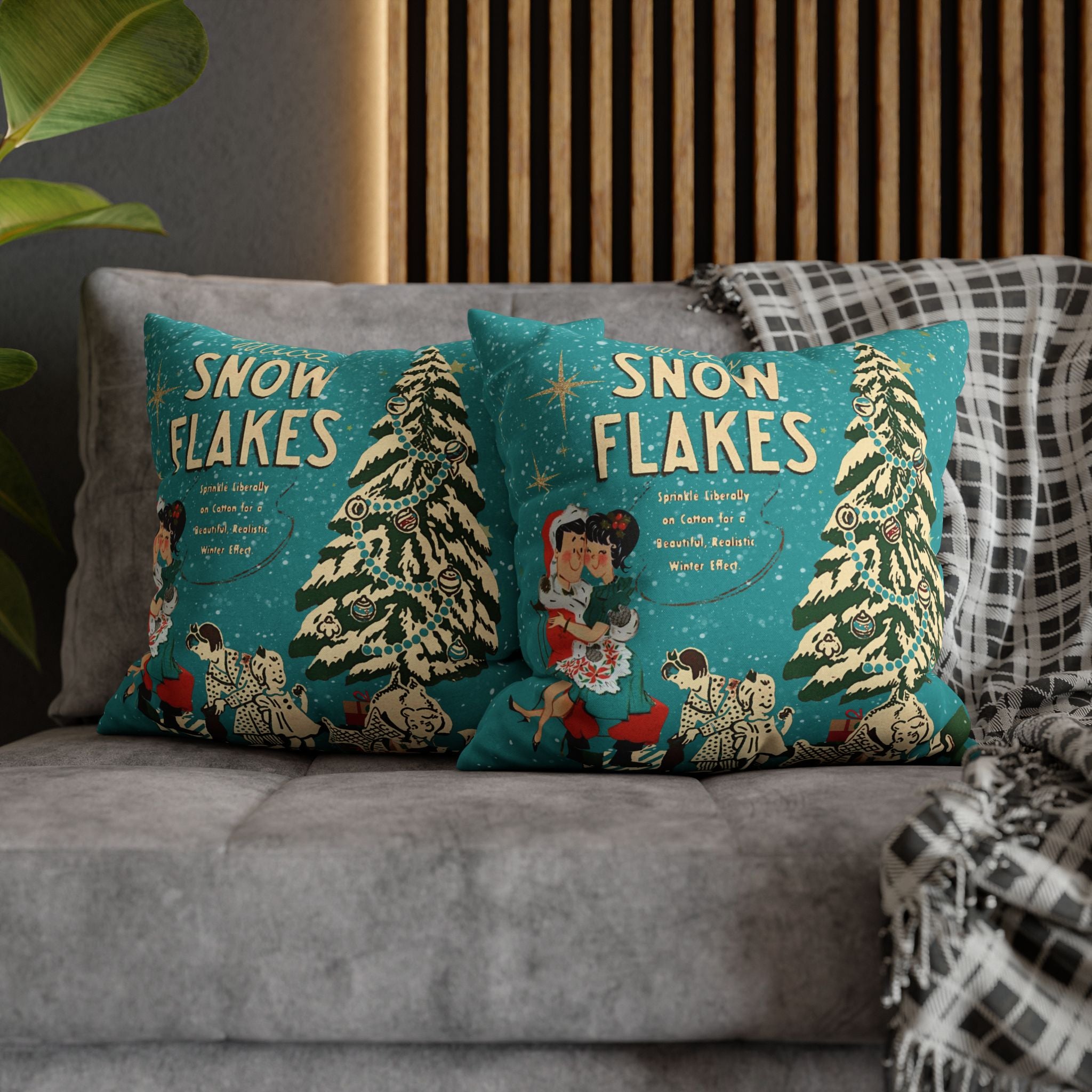 50s Mica Snow Christmas Pillow, Kitschy Mod Couple, Festive Fun Pillow Cover - Mid Century Modern Gal