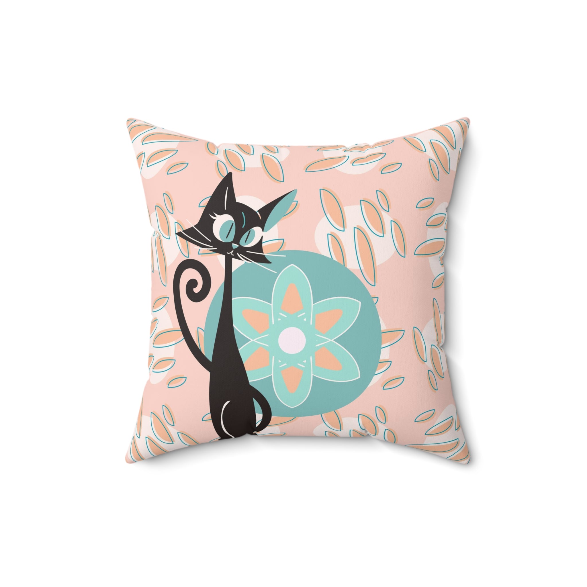 Atomic Cat, Groovy Retro Mid Century Modern Coral Pink, Blue, Orange, Hipster Pillow And Insert - Mid Century Modern Gal
