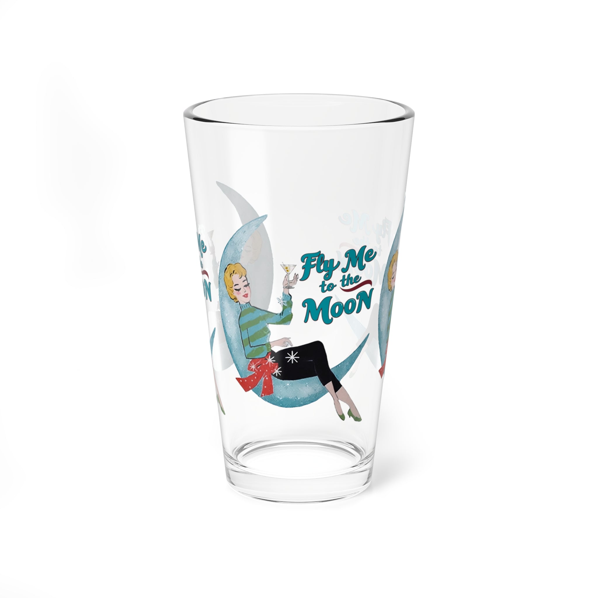 Mid Century Modern Christmas Kitsch Retro Mixing Glass - "Fly Me to the Moon" - 16oz Holiday Cocktail Cup - Mid Century Modern Gal