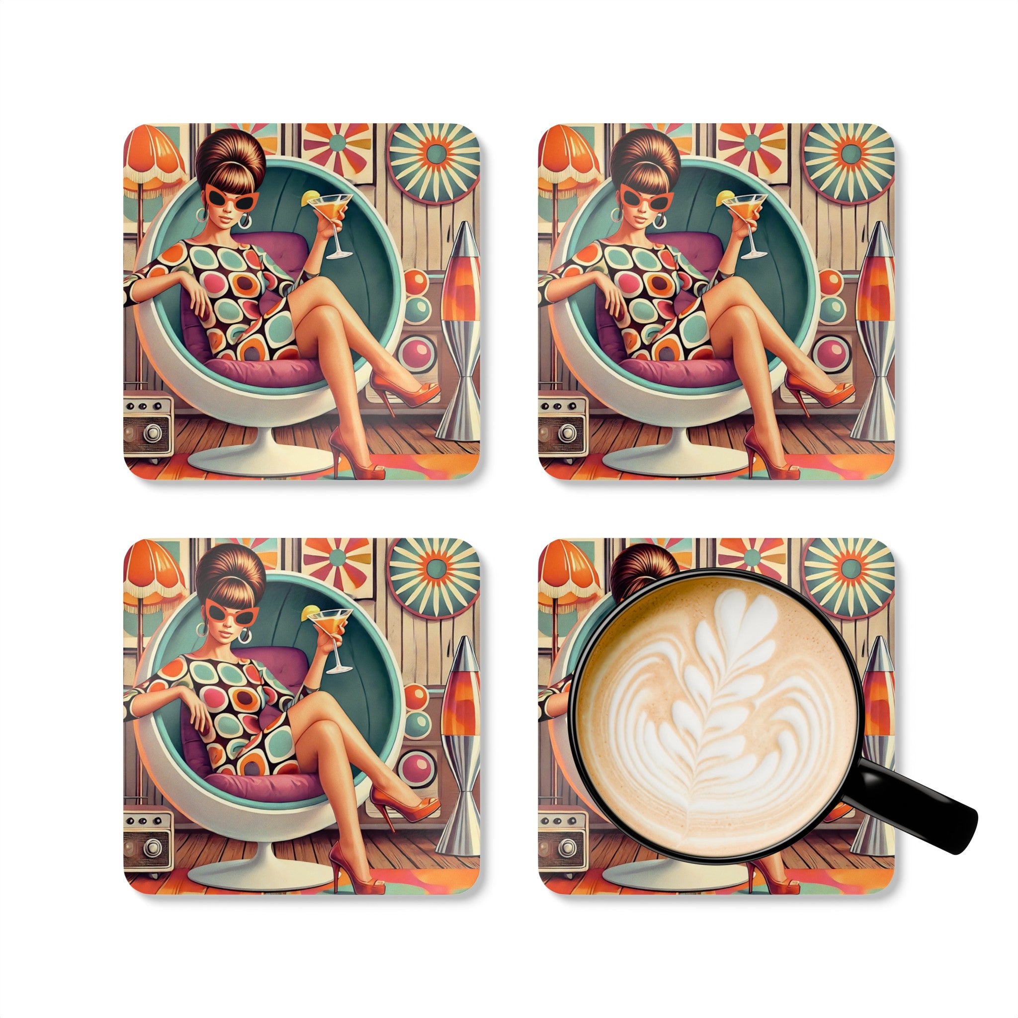 Mid Century Mod 60s Style Retro Gal MCM Barware Corkwood Coaster Set - Mid Century Modern Gal