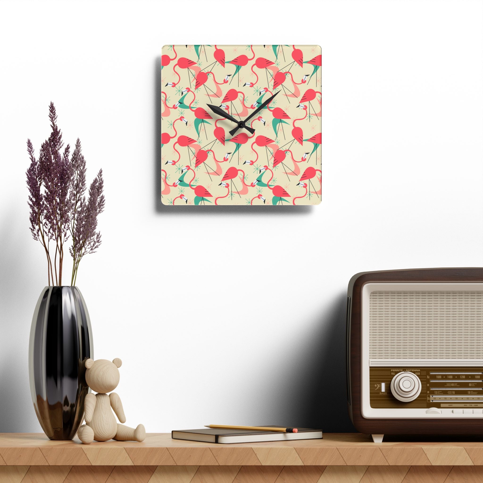 Tropical Retro Dancing Flamingos Acrylic Wall Clock - Fun and Colorful Home Decor - Mid Century Modern Gal