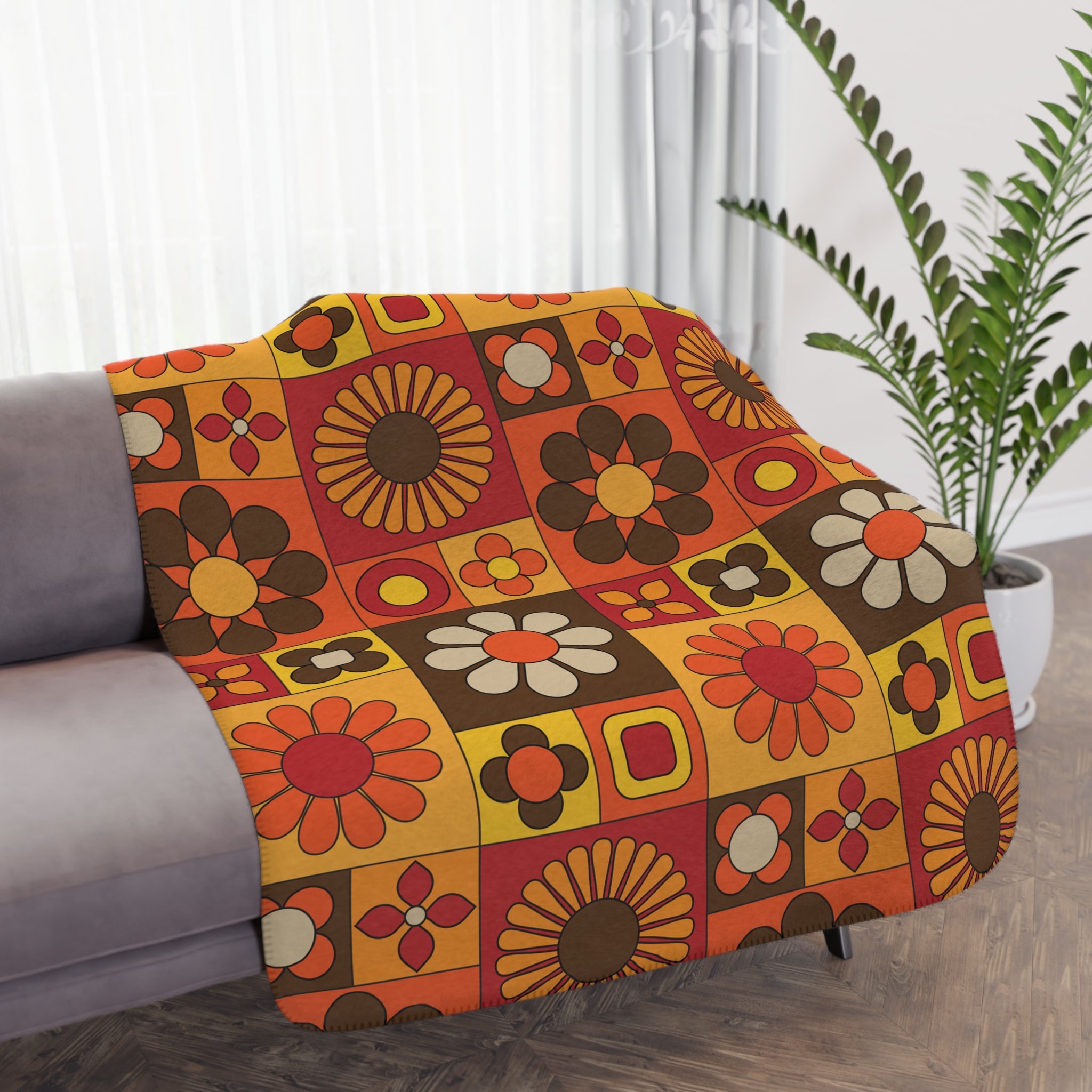 Retro Floral Boho Vibes, Orange, Yellow Brown Groovy Mod Tan Sherpa Blanket - Cozy Throw for Home Decor & Gifting - Mid Century Modern Gal