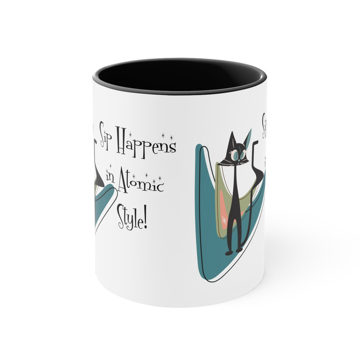 Atomic Cat, Mid Century Modern Drinkware, Coffee Mug, Sip Happens, Retro Boomerang, Kitschy Funny Coffee Lover Gifts - Mid Century Modern Gal