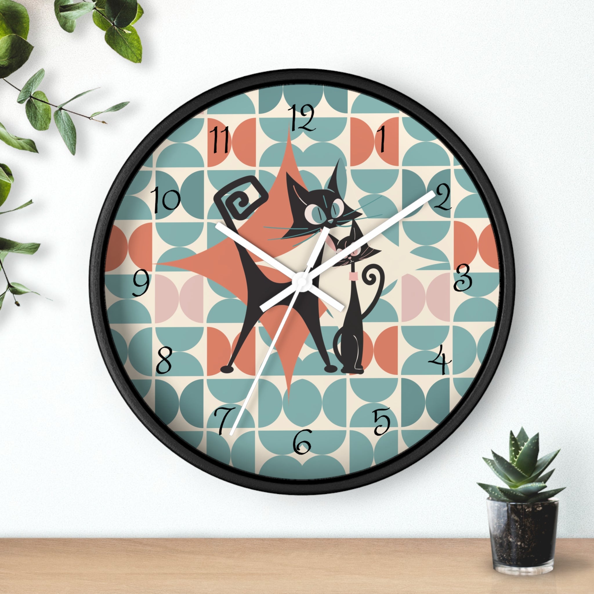 Kitchen Clock, Atomic Cat Retro Mid Century Modern Style With Scandinavian Designed Geometric Shapes, 50s Wall Clock For Cat Lovers - Mid Century Modern Gal