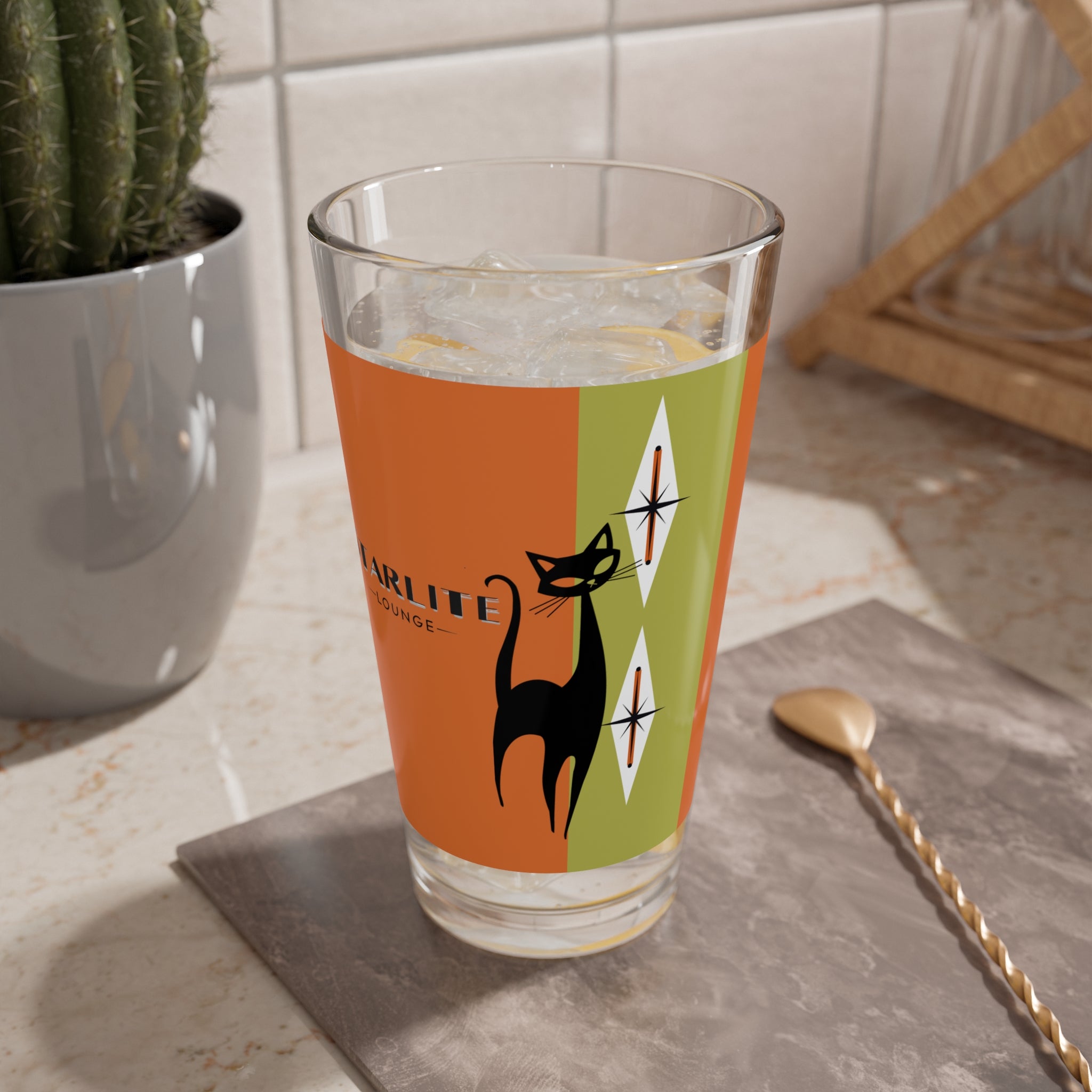 Mid Century Modern Barware Starlite Lounge Atomic Retro Cat Glass - 16oz Cocktail Glass for Stylish Entertaining - Mid Century Modern Gal