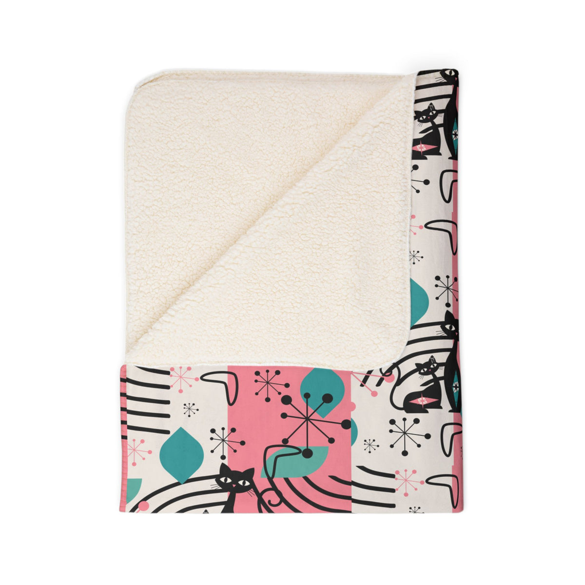Mid-Century Modern Atomic Cat Pink Teal Retro Cat Fleece Sherpa Blanket - Cozy & Stylish - Mid Century Modern Gal