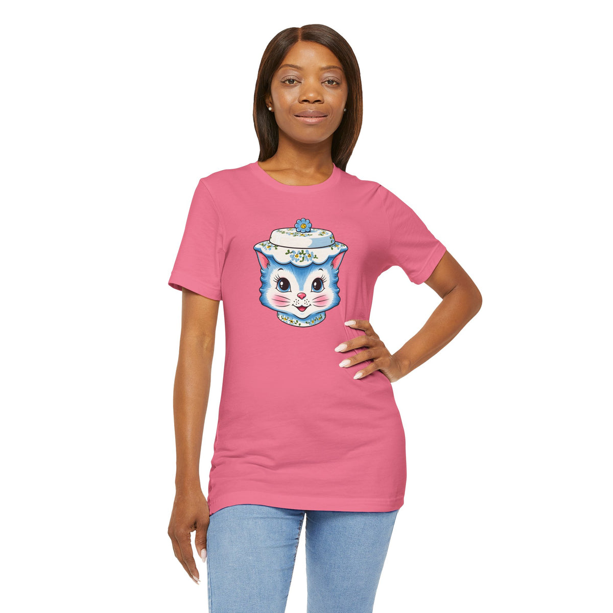 Mid Century Modern Kitschy Anthropomorphic Blue Cat with Floral Hat Unisex T-Shirt