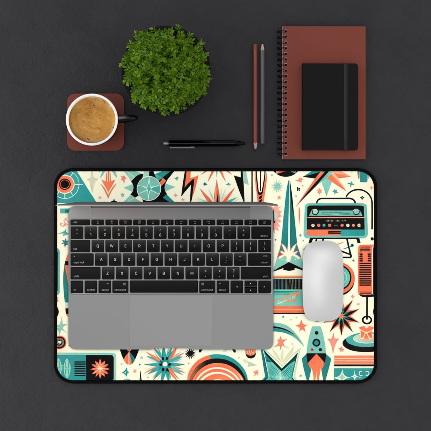 Atomic Space Cat Mid Century Modern  Aqua Coral, Kitschy Desk Mat - Mid Century Modern Gal
