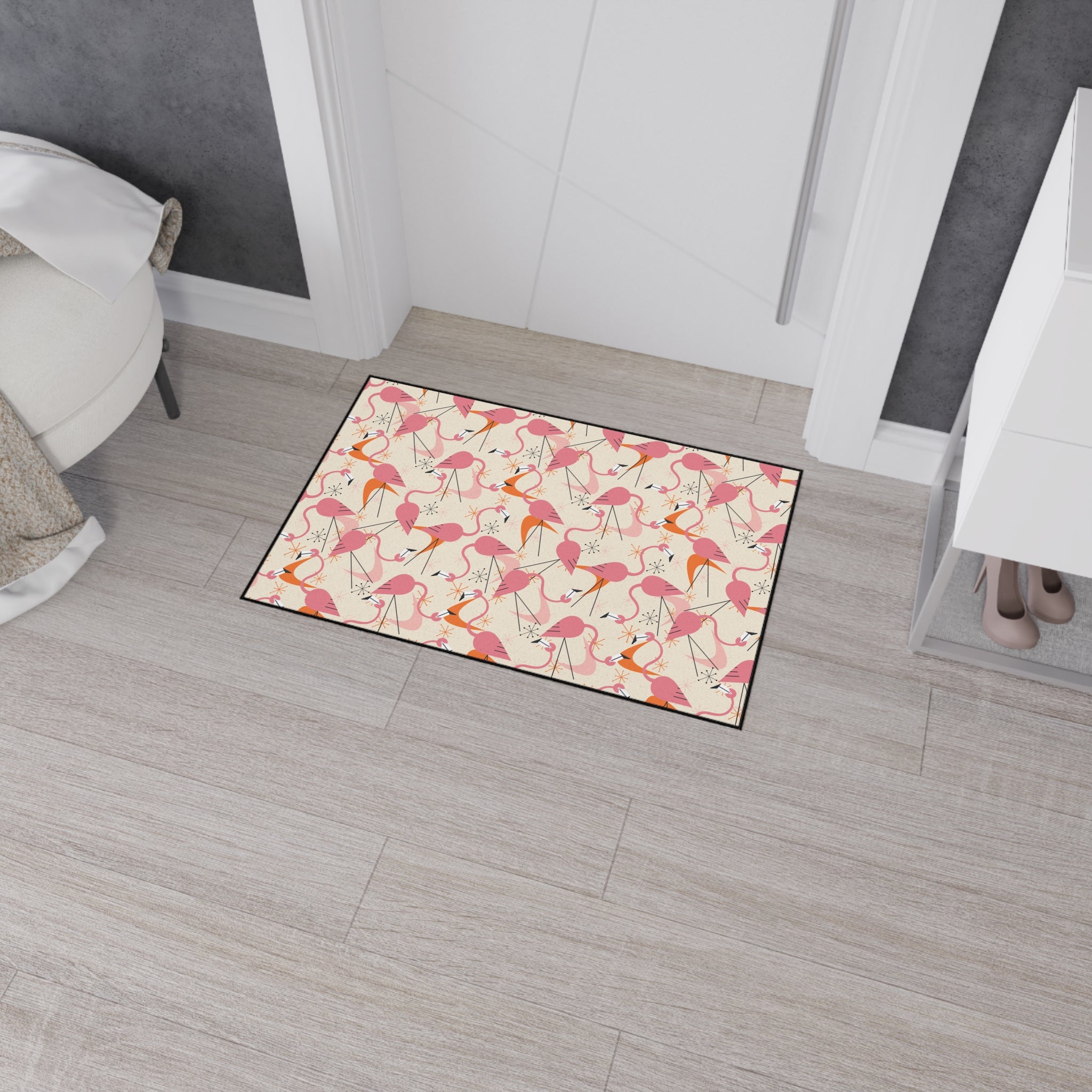 Mid Century Modern Dancing Kitschy Quirky Flamingos Print Heavy Duty Floor Mat - Vibrant Indoor/Outdoor Rug for Home Décor - Mid Century Modern Gal