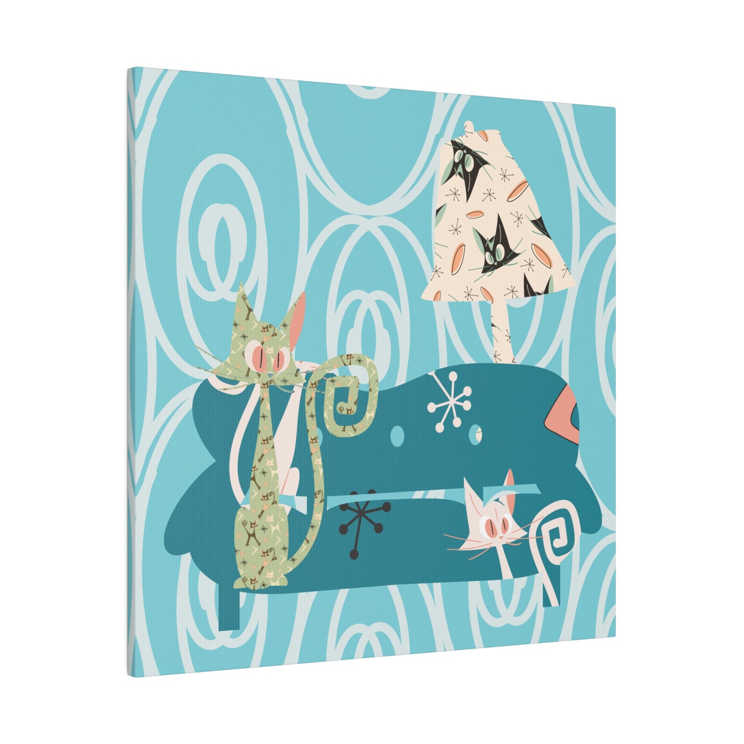 Atomic Cat Art, Quirky Kitschy Blue, Green,  Teal Mid Century Modern Wall Art - Mid Century Modern Gal