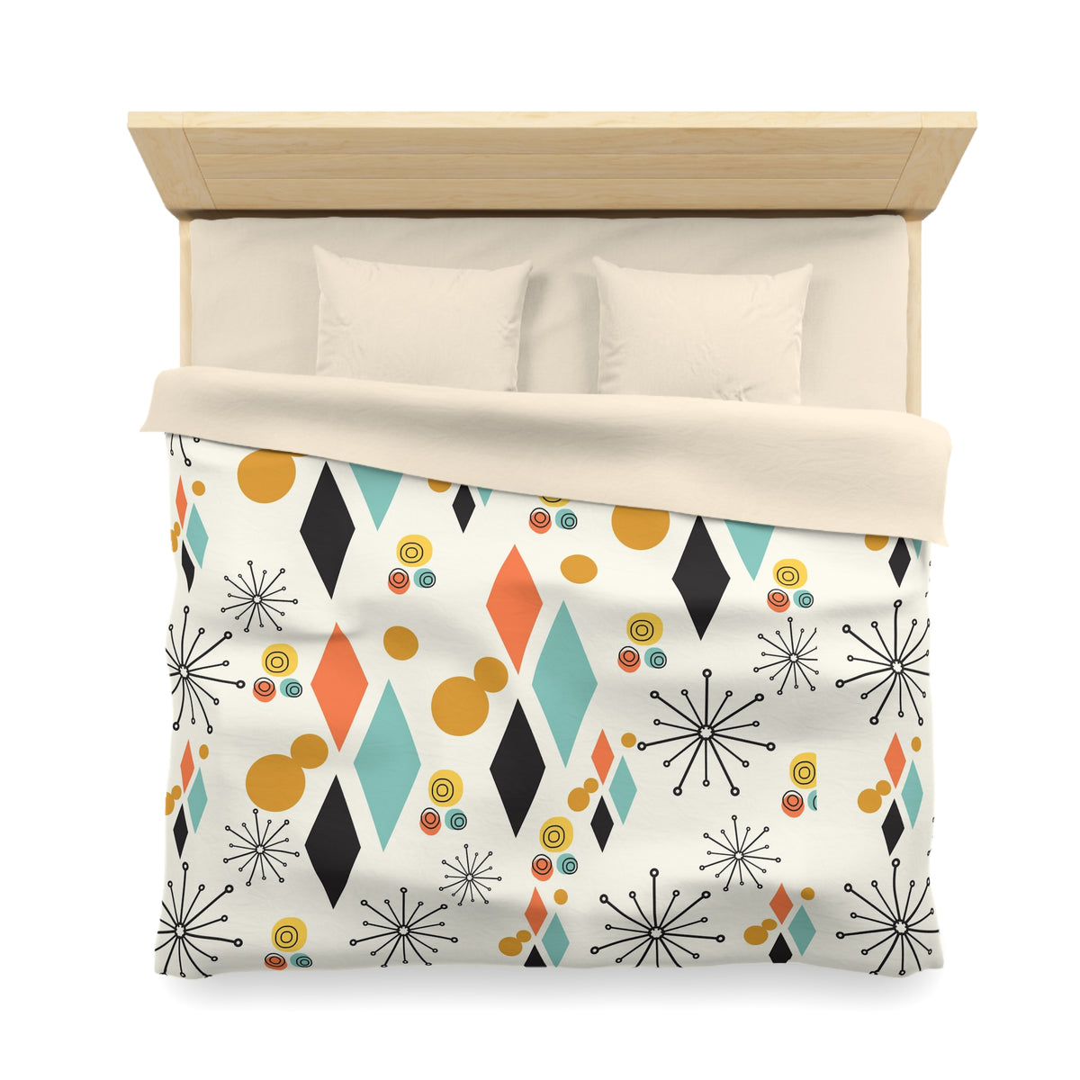 Mid Century Modern Bedding, Atomic Diamond, Sputnik,Beige, Aqua, Coral,Mustard Yellow, Retro Mod Duvet Covers - Mid Century Modern Gal