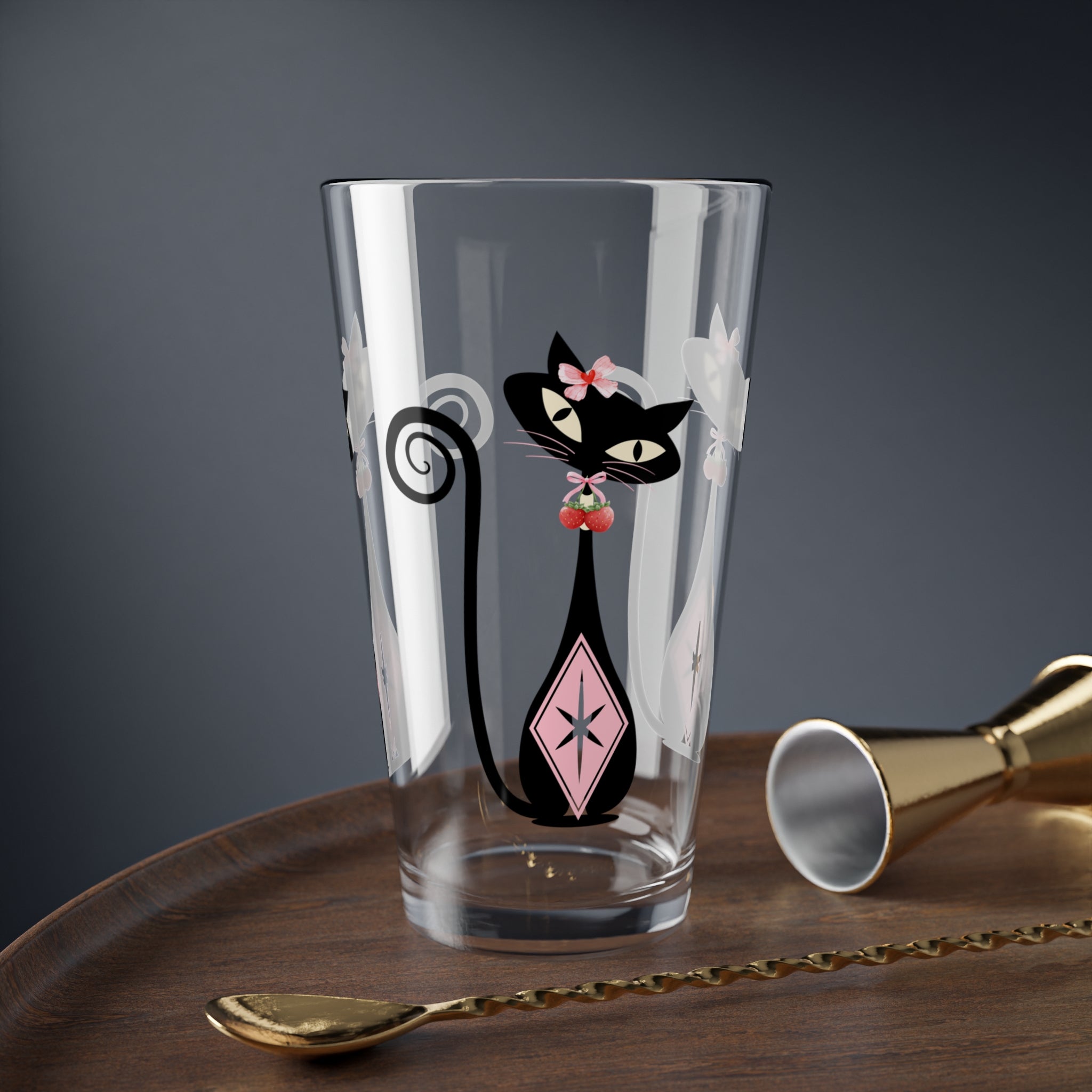 Atomic Cat, Strawberry Love Whimsical Cat Mixing Glass - Perfect for Cat Lovers & Entertaining - Mid Century Modern Gal